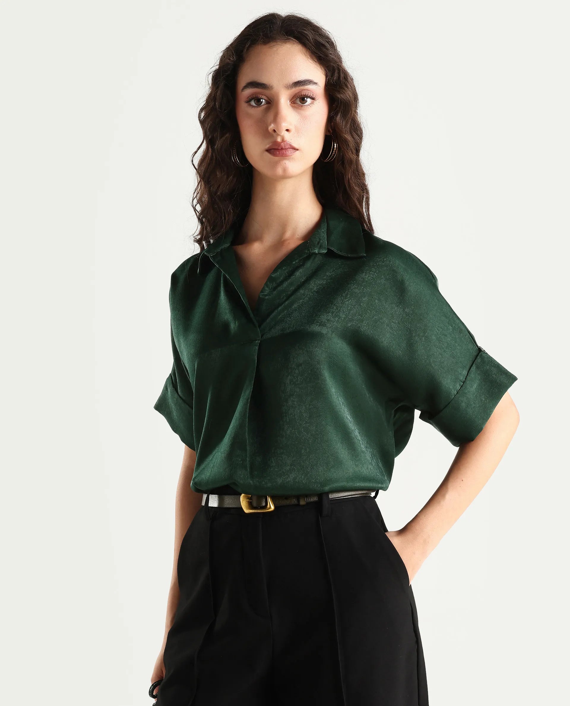 Rareism Women's Lamona-T Dark Green Polyester Drop Collar Plain Extended Sleeves Boxy Fit Top