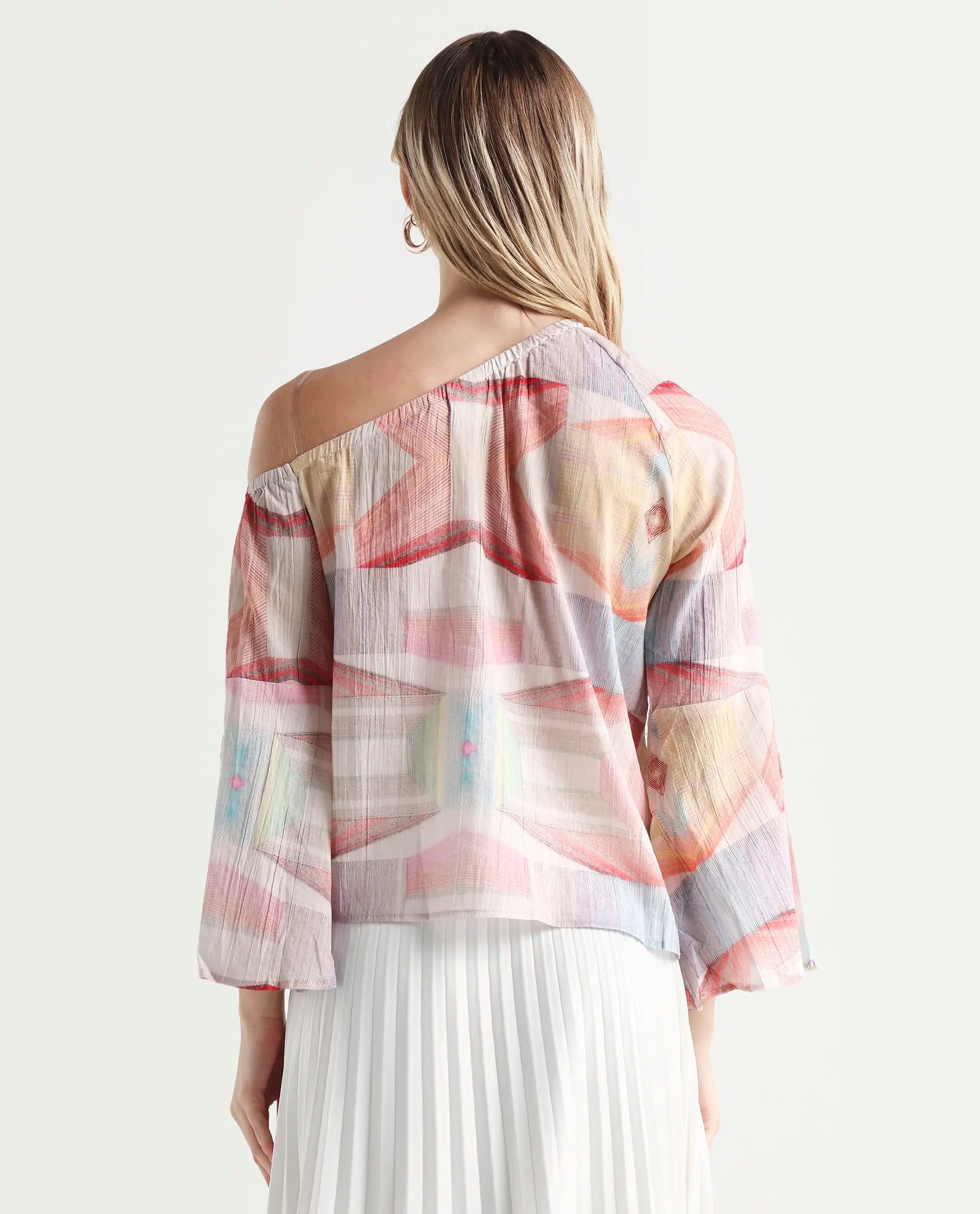 Rareism Women's Leightono Dusky Multi Cotton One Shoulder Abstract Print Raglan Sleeve Regular Fit Top