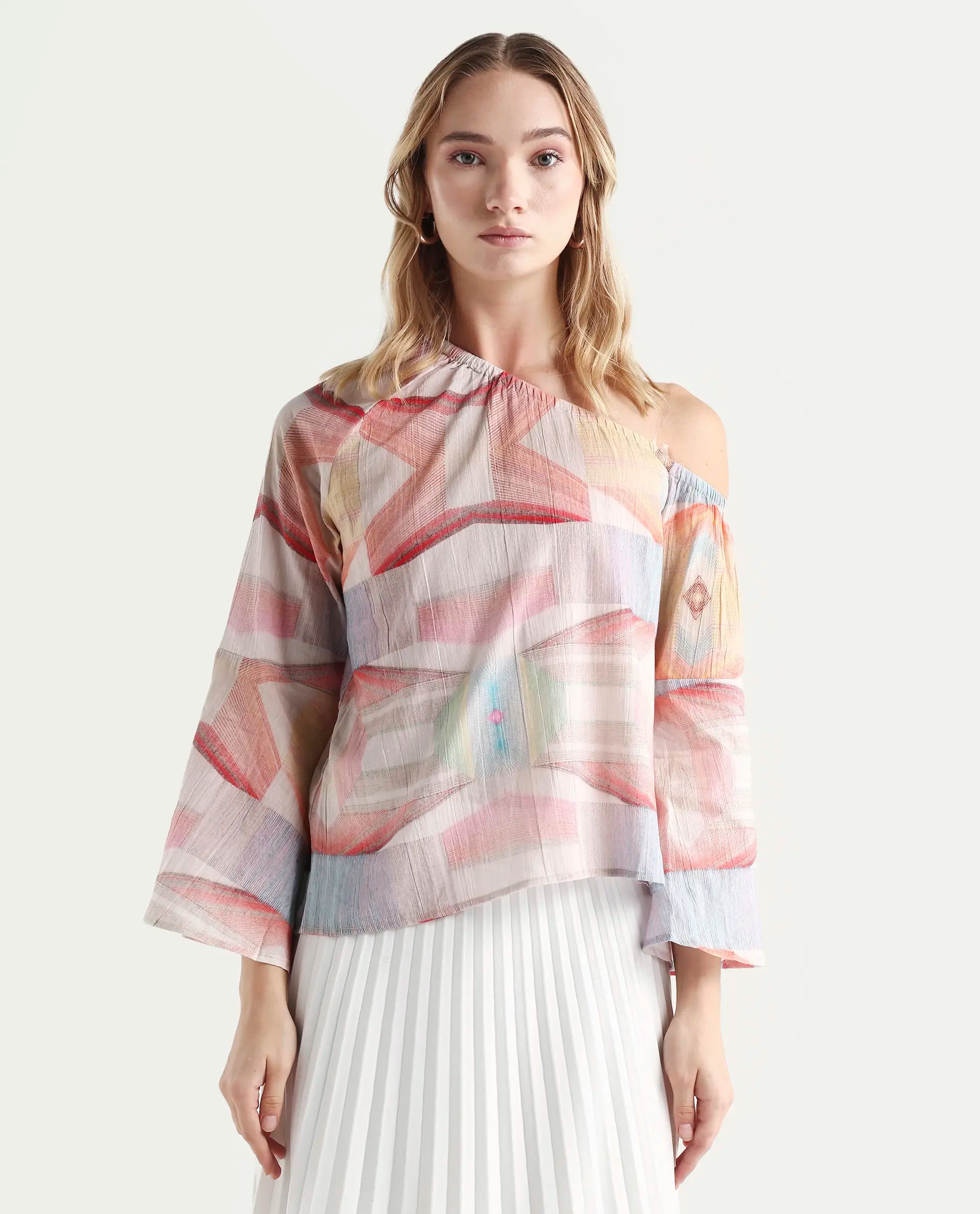 Rareism Women's Leightono Dusky Multi Cotton One Shoulder Abstract Print Raglan Sleeve Regular Fit Top
