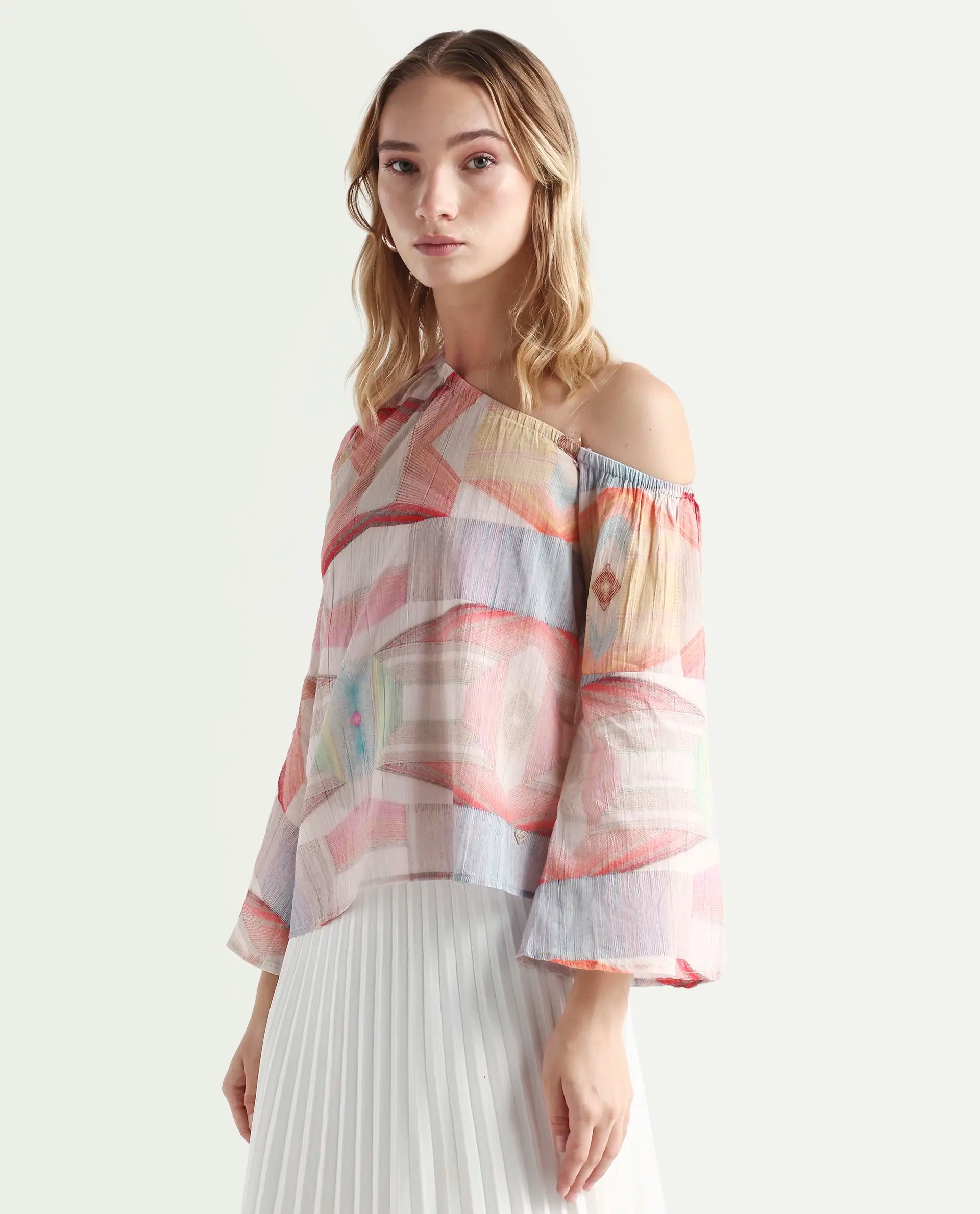 Rareism Women's Leightono Dusky Multi Cotton One Shoulder Abstract Print Raglan Sleeve Regular Fit Top