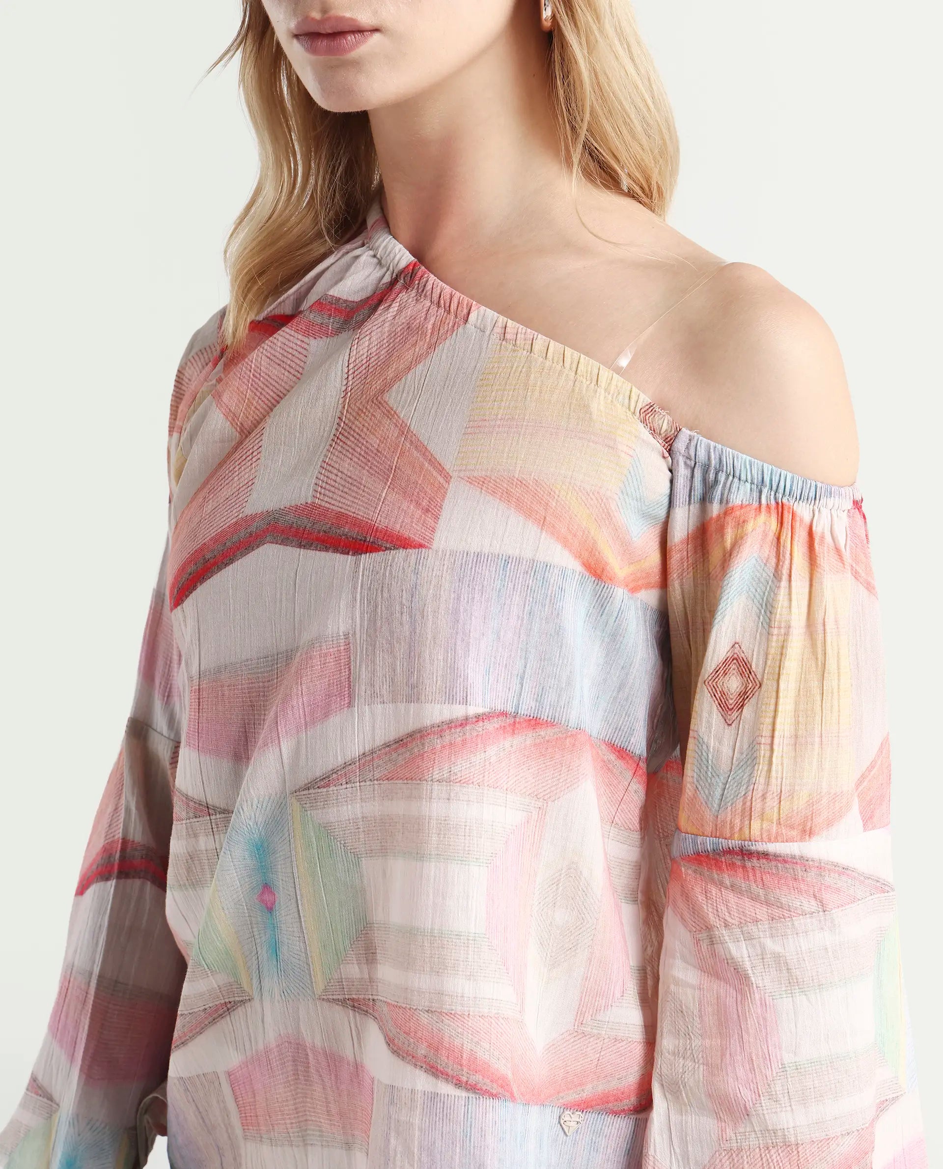 Rareism Women's Leightono Dusky Multi Cotton One Shoulder Abstract Print Raglan Sleeve Regular Fit Top