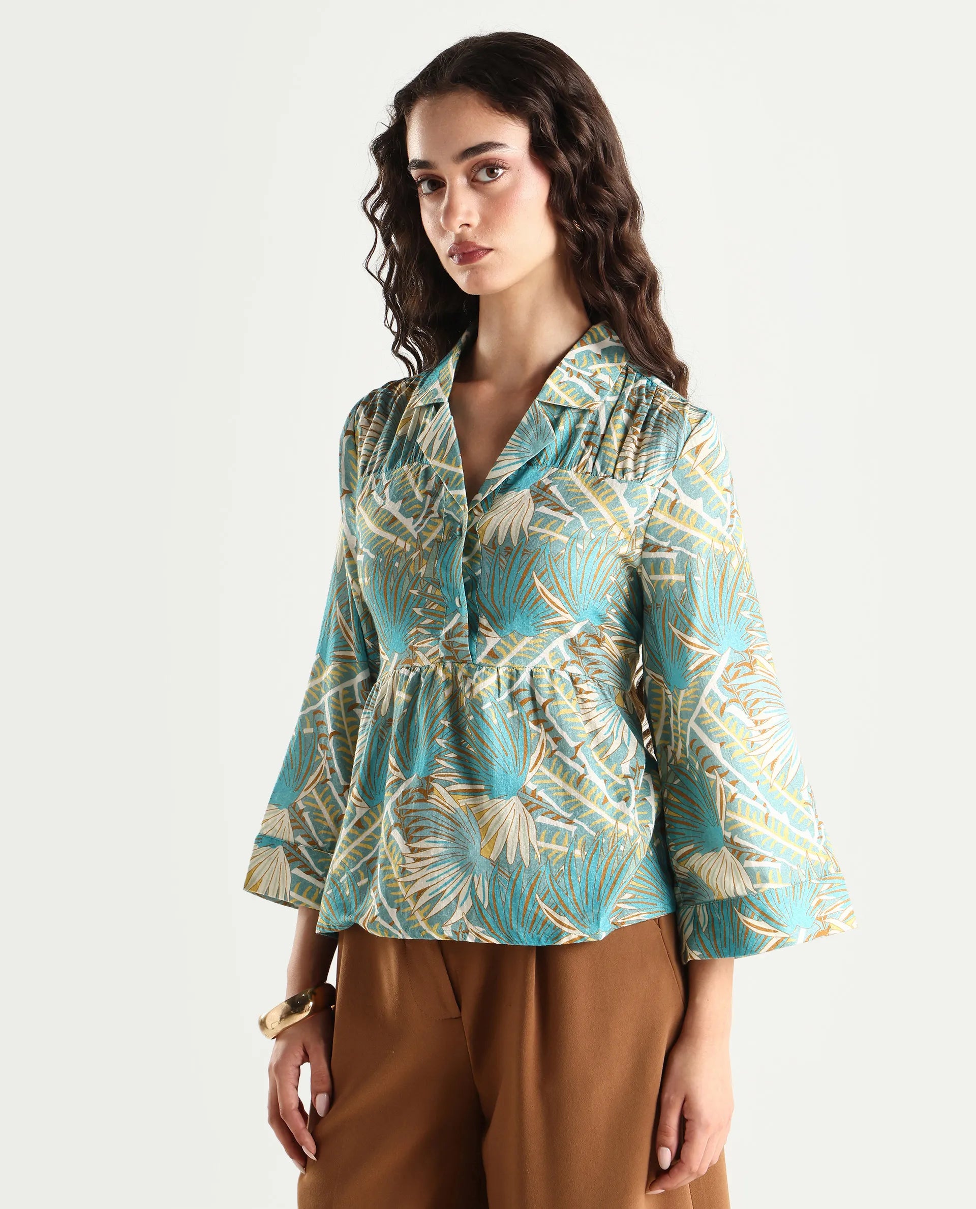 Rareism Women's Karrara Dusky Blue Nylon Blend Lapel Neck Tropical Print Regular Fit Top