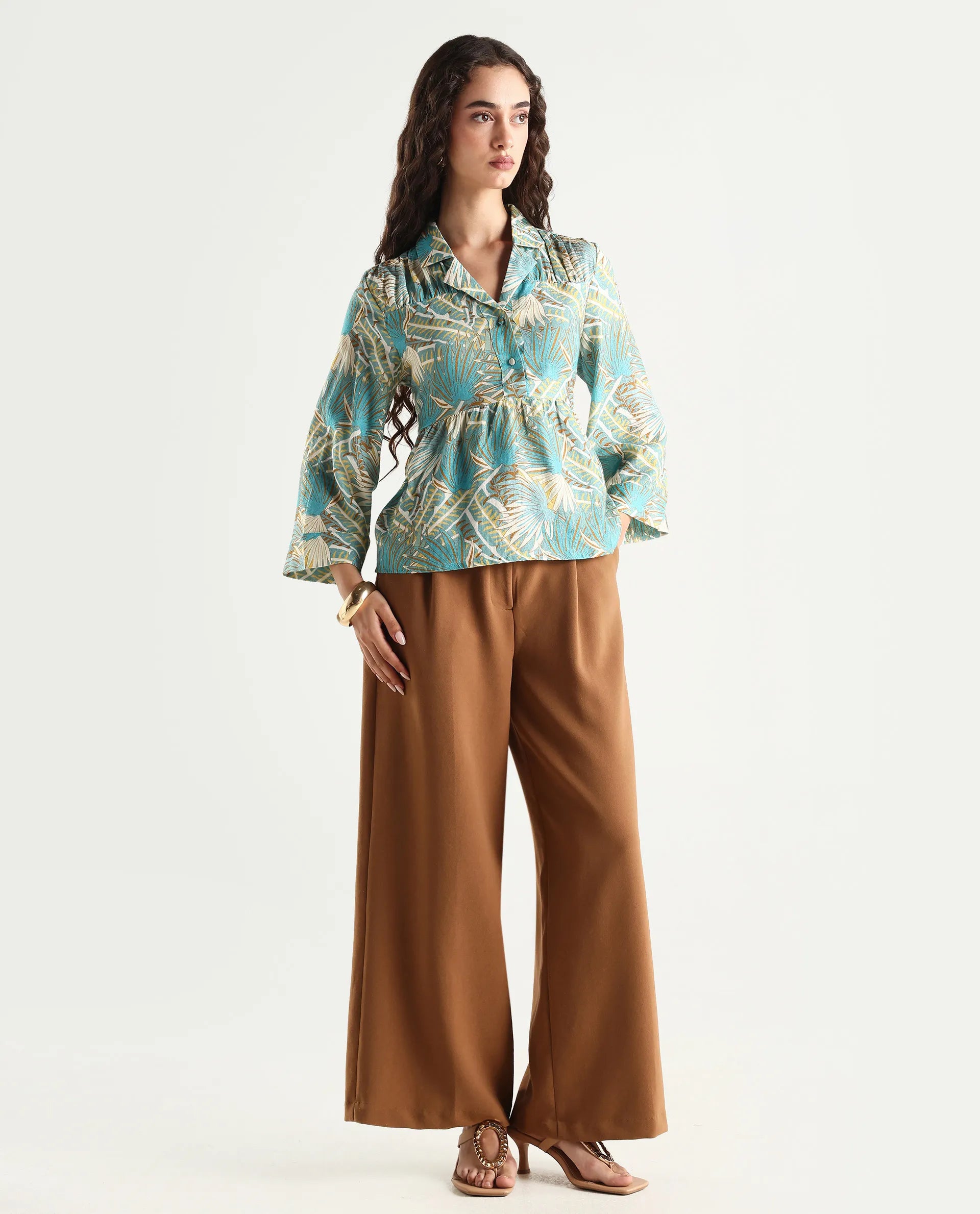 Rareism Women's Karrara Dusky Blue Nylon Blend Lapel Neck Tropical Print Regular Fit Top