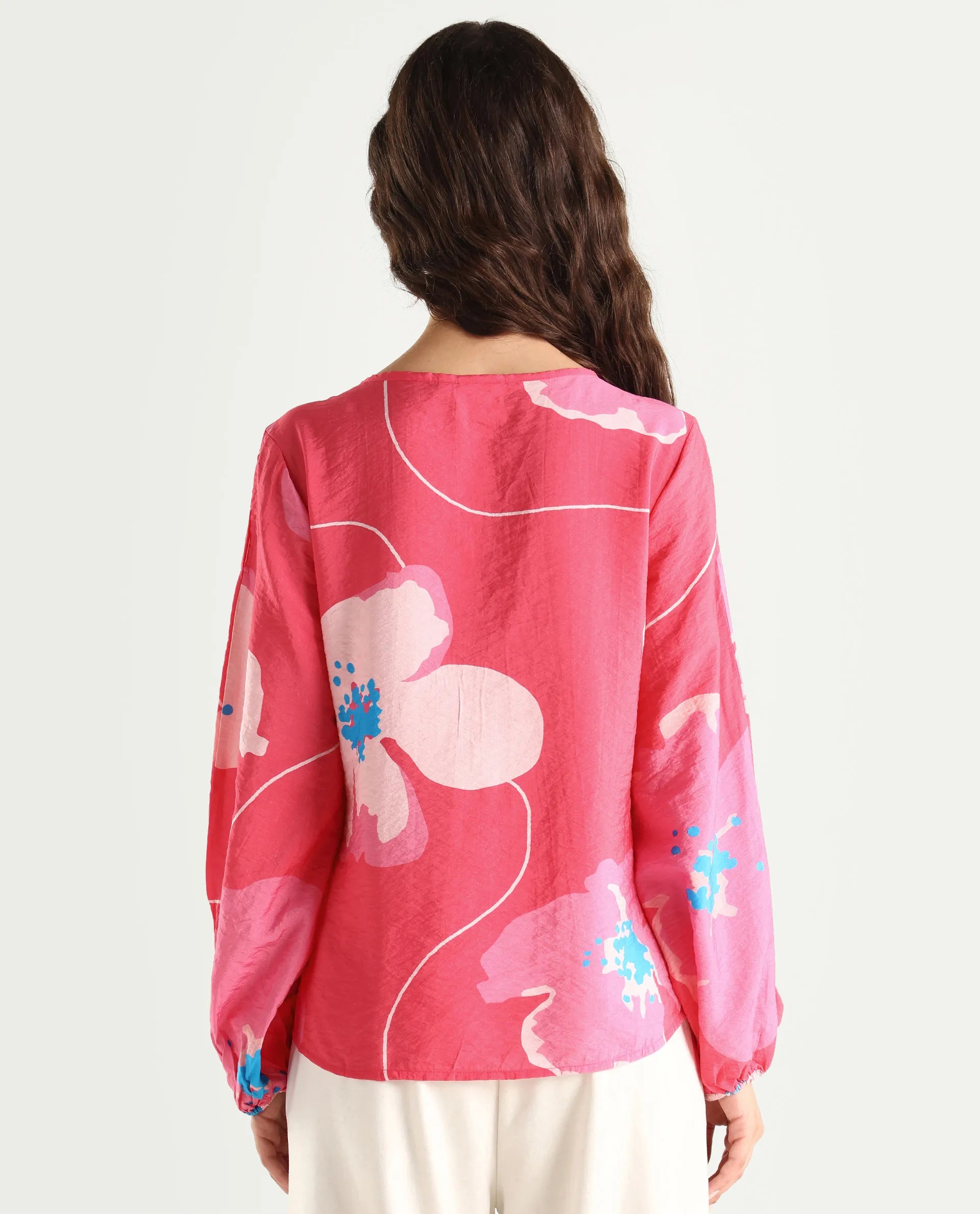 Rareism Women's Mestero Pink Nylon Blend Tie-Up Neck Floral Print Bishop Sleeve Regular Fit Top