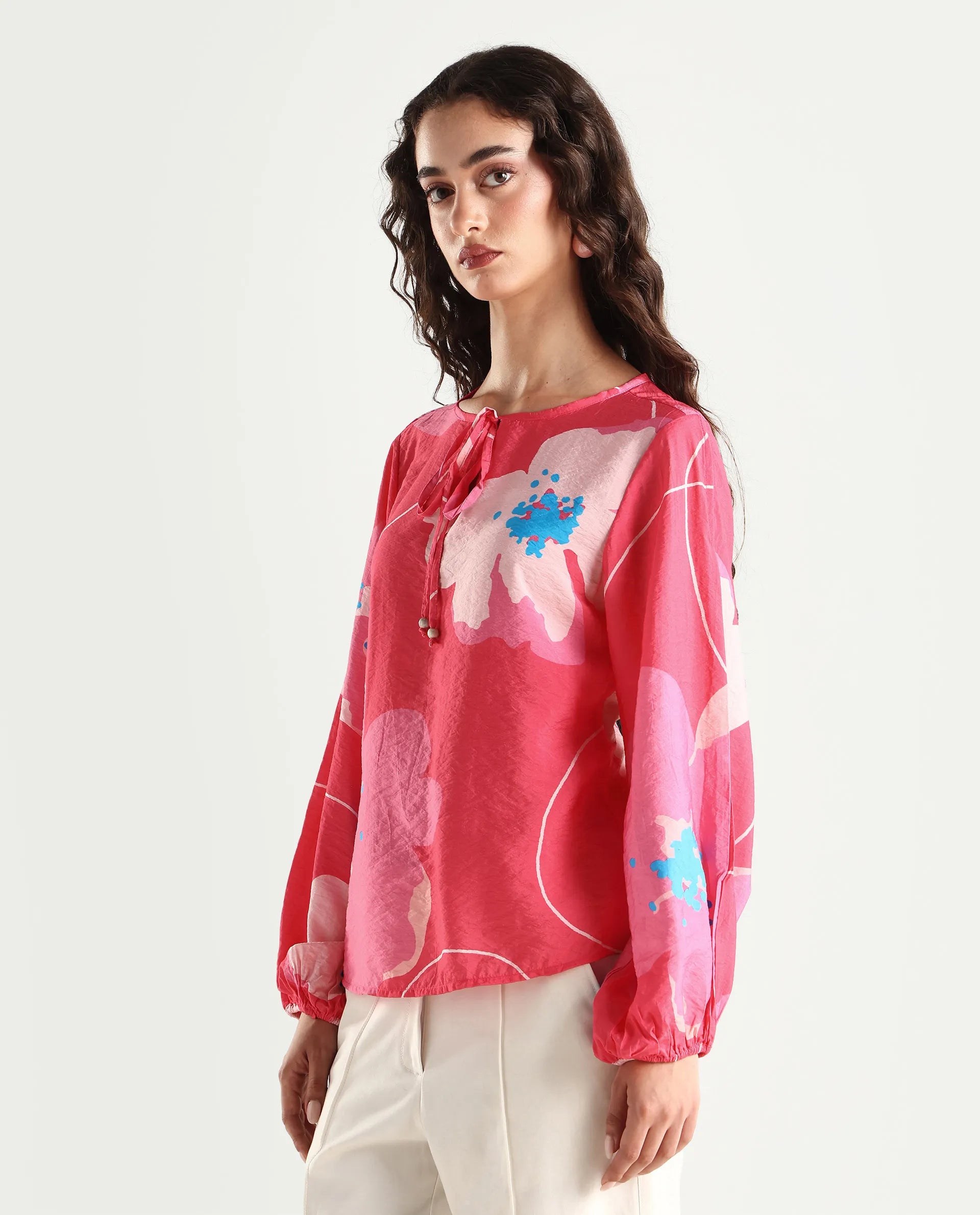 Rareism Women's Mestero Pink Nylon Blend Tie-Up Neck Floral Print Bishop Sleeve Regular Fit Top