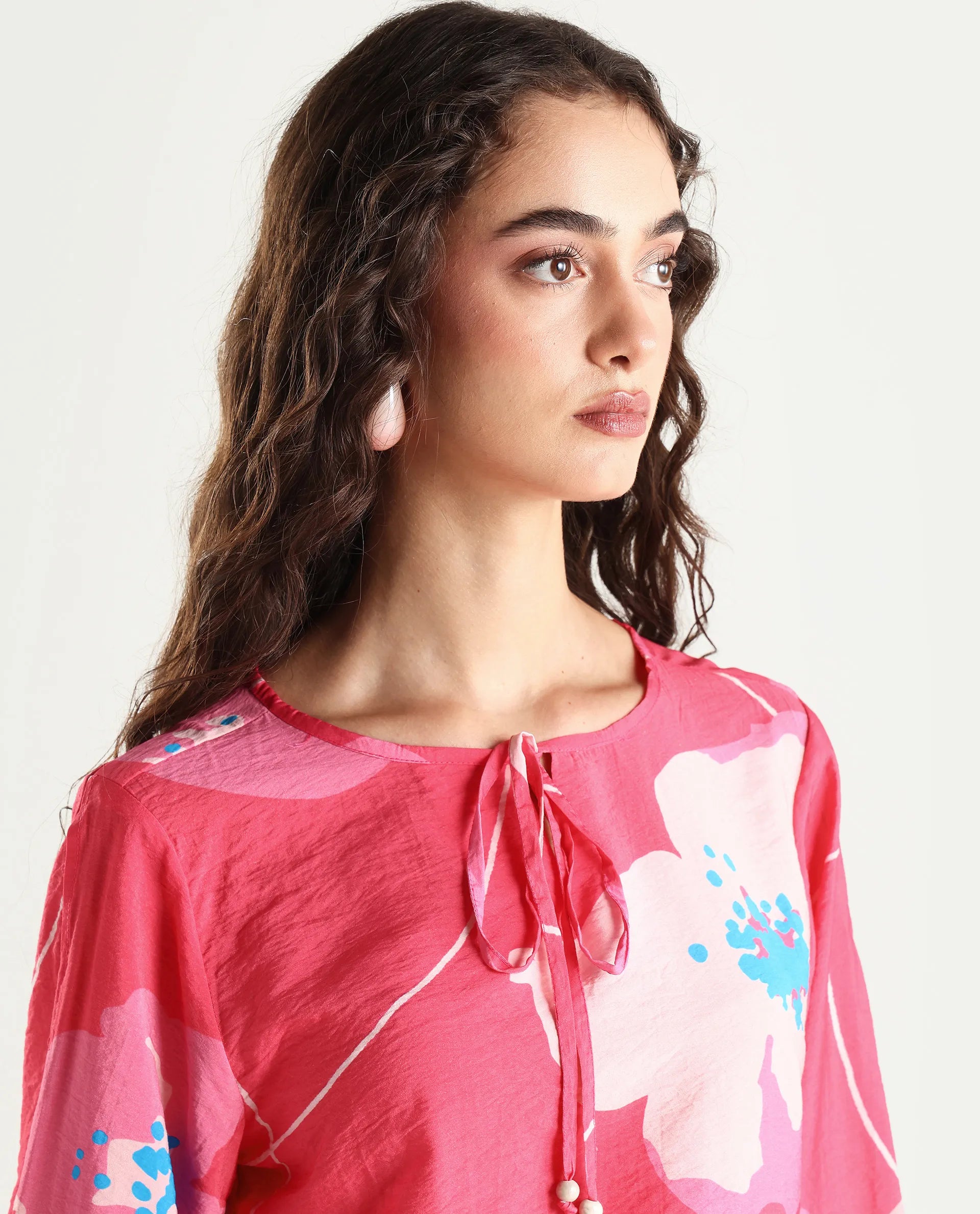 Rareism Women's Mestero Pink Nylon Blend Tie-Up Neck Floral Print Bishop Sleeve Regular Fit Top