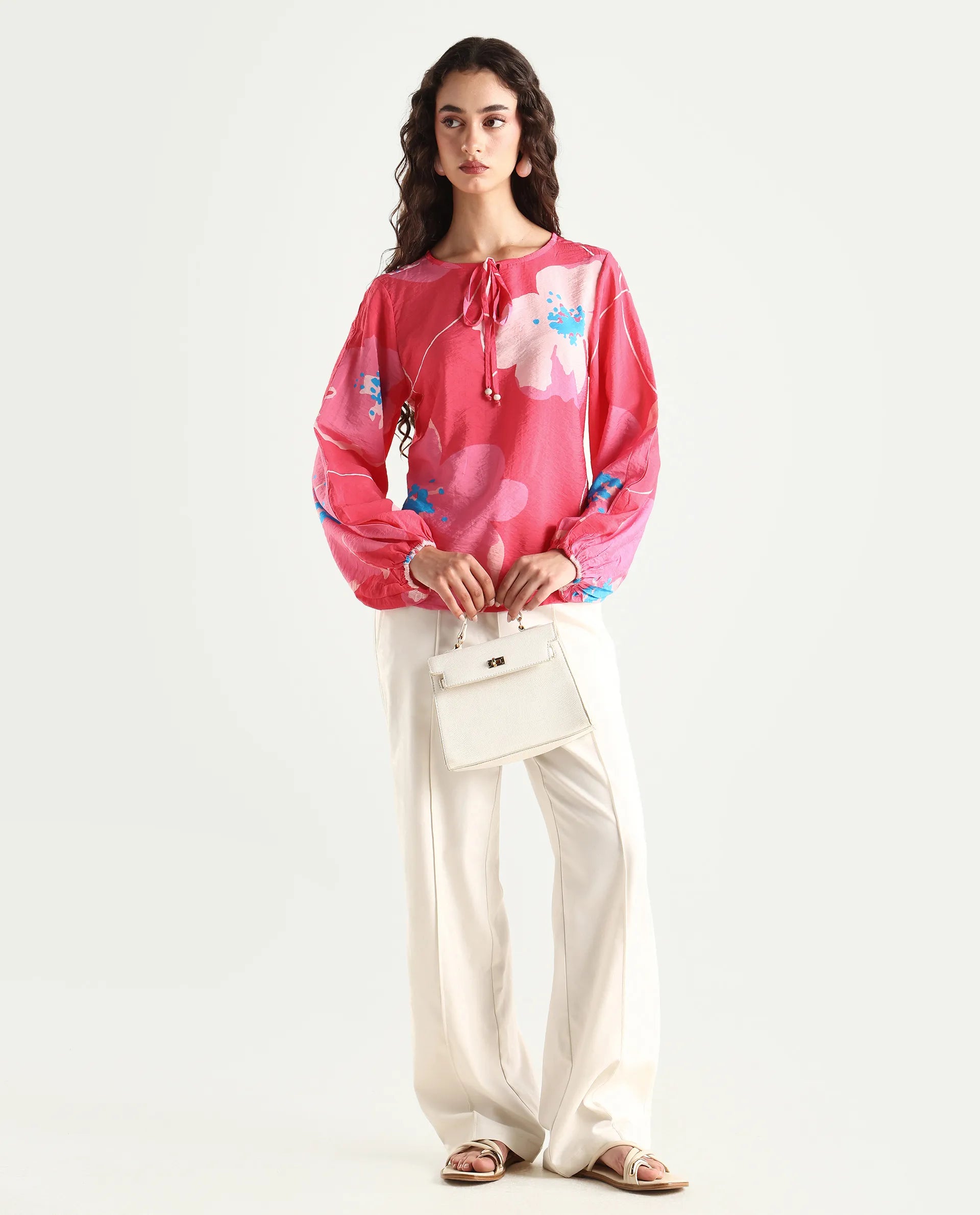 Rareism Women's Mestero Pink Nylon Blend Tie-Up Neck Floral Print Bishop Sleeve Regular Fit Top