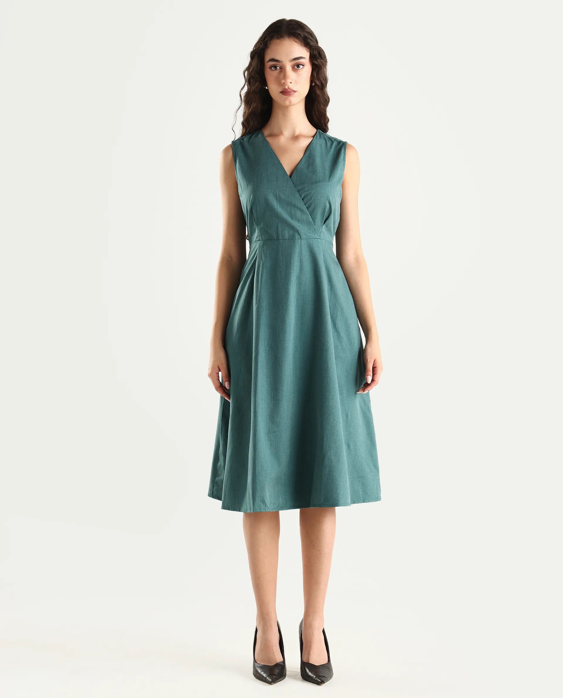 Rareism Women's Valmode Green Polyester Blend Overlap Neck Plain Sleeveless Midi Fit And Flare Dress