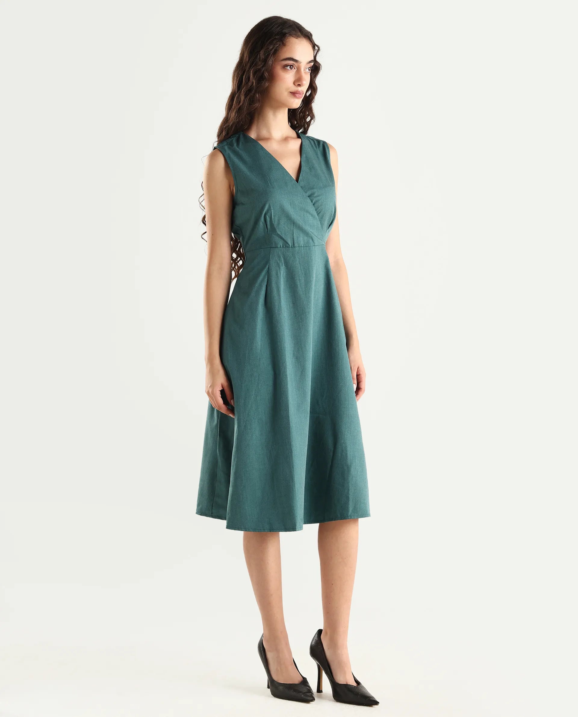 Rareism Women's Valmode Green Polyester Blend Overlap Neck Plain Sleeveless Midi Fit And Flare Dress
