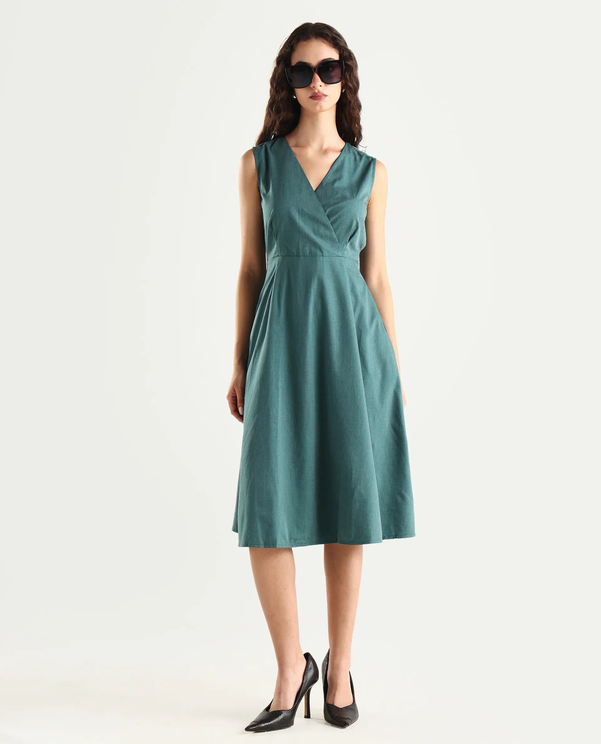 Rareism Women's Valmode Green Polyester Blend Overlap Neck Plain Sleeveless Midi Fit And Flare Dress