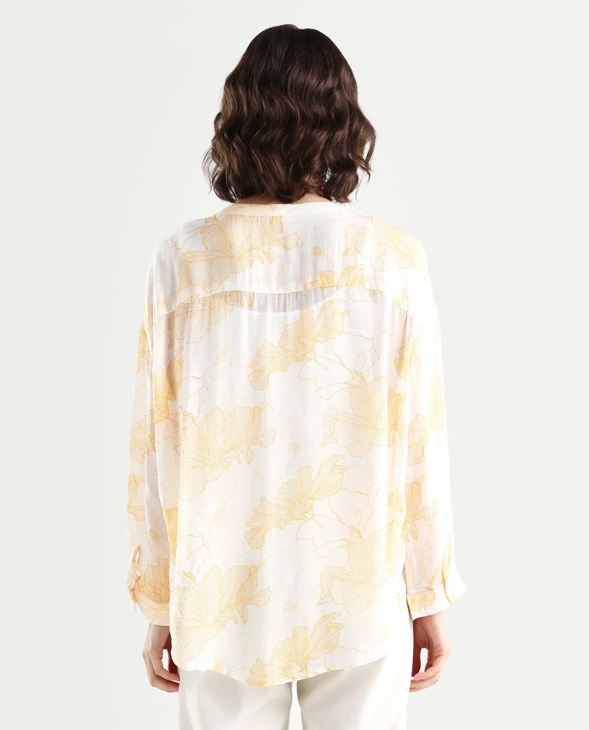 Rareism Women's Mayton Light Yellow Viscose Blend Mandarin Collar Floral Print Cuffed Sleeve Relaxed Fit Top
