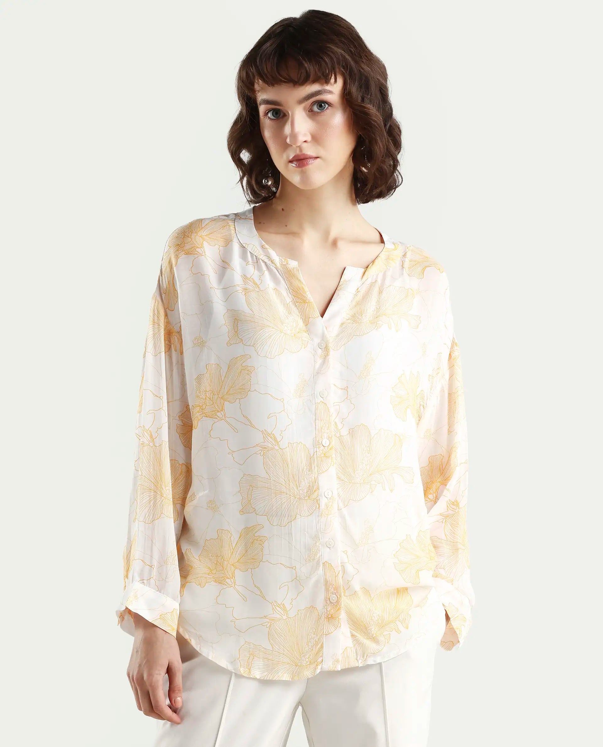 Rareism Women's Mayton Light Yellow Viscose Blend Mandarin Collar Floral Print Cuffed Sleeve Relaxed Fit Top