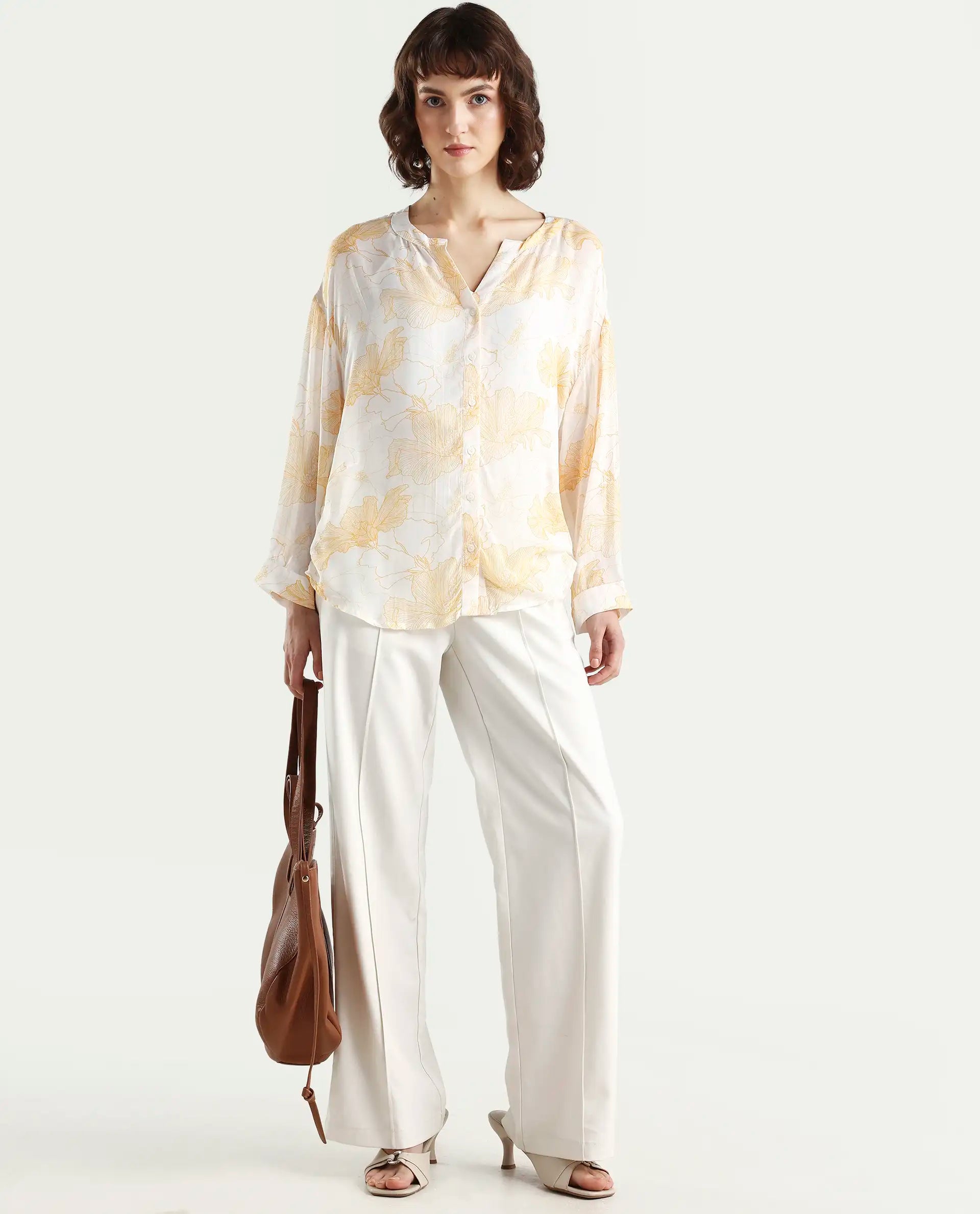 Rareism Women's Mayton Light Yellow Viscose Blend Mandarin Collar Floral Print Cuffed Sleeve Relaxed Fit Top