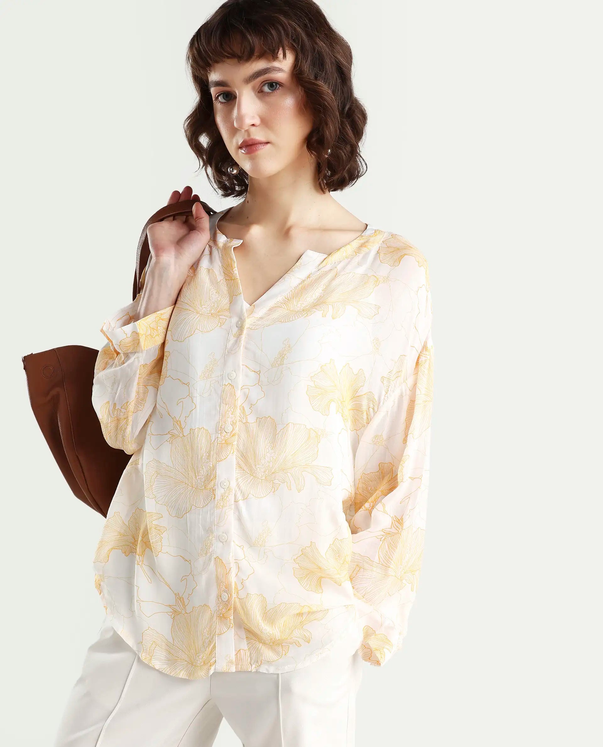 Rareism Women's Mayton Light Yellow Viscose Blend Mandarin Collar Floral Print Cuffed Sleeve Relaxed Fit Top