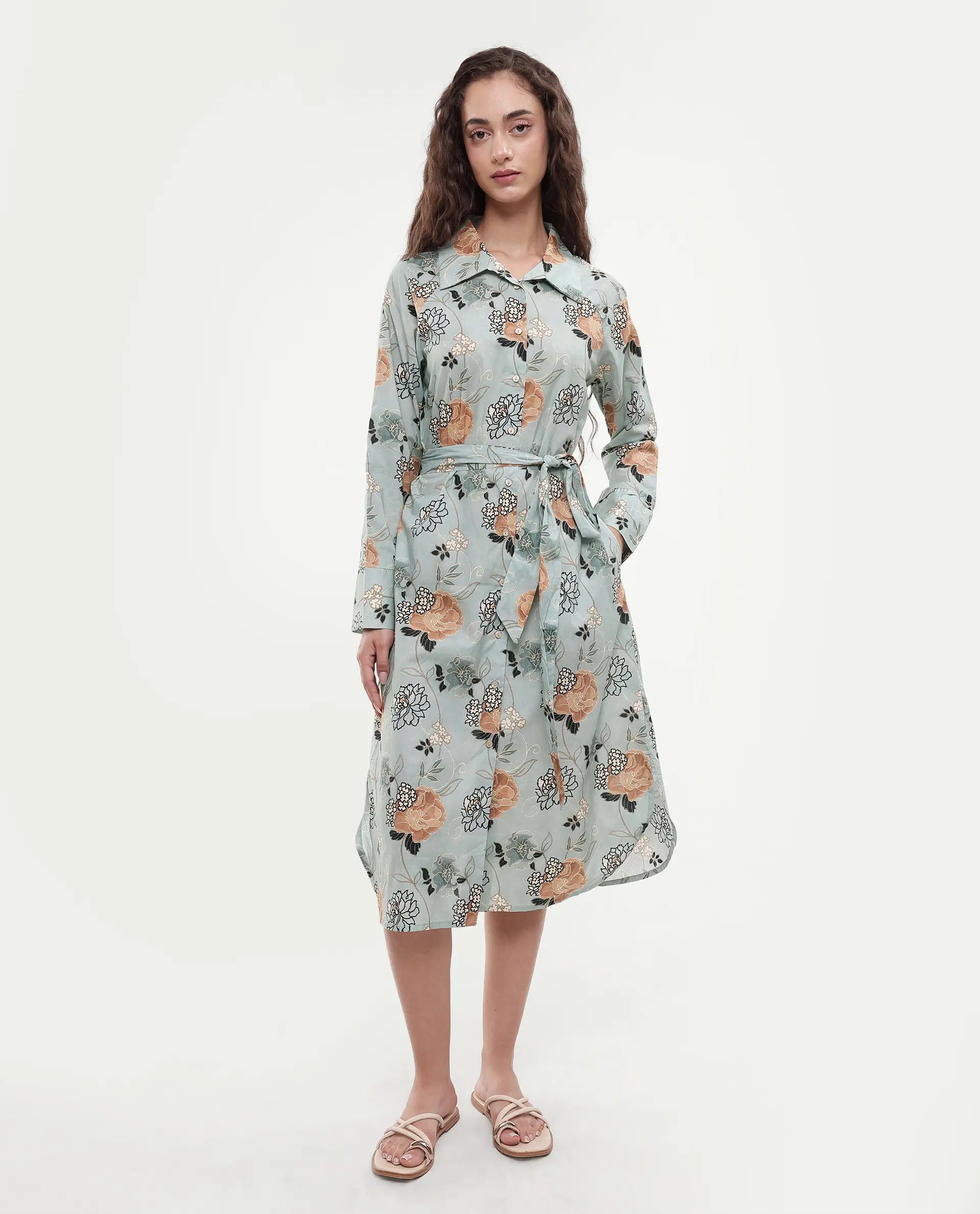 Rareism Women's Regnio Multi Cotton Drop Collar Floral Print Raglan Sleeve Midi A-Line Dress