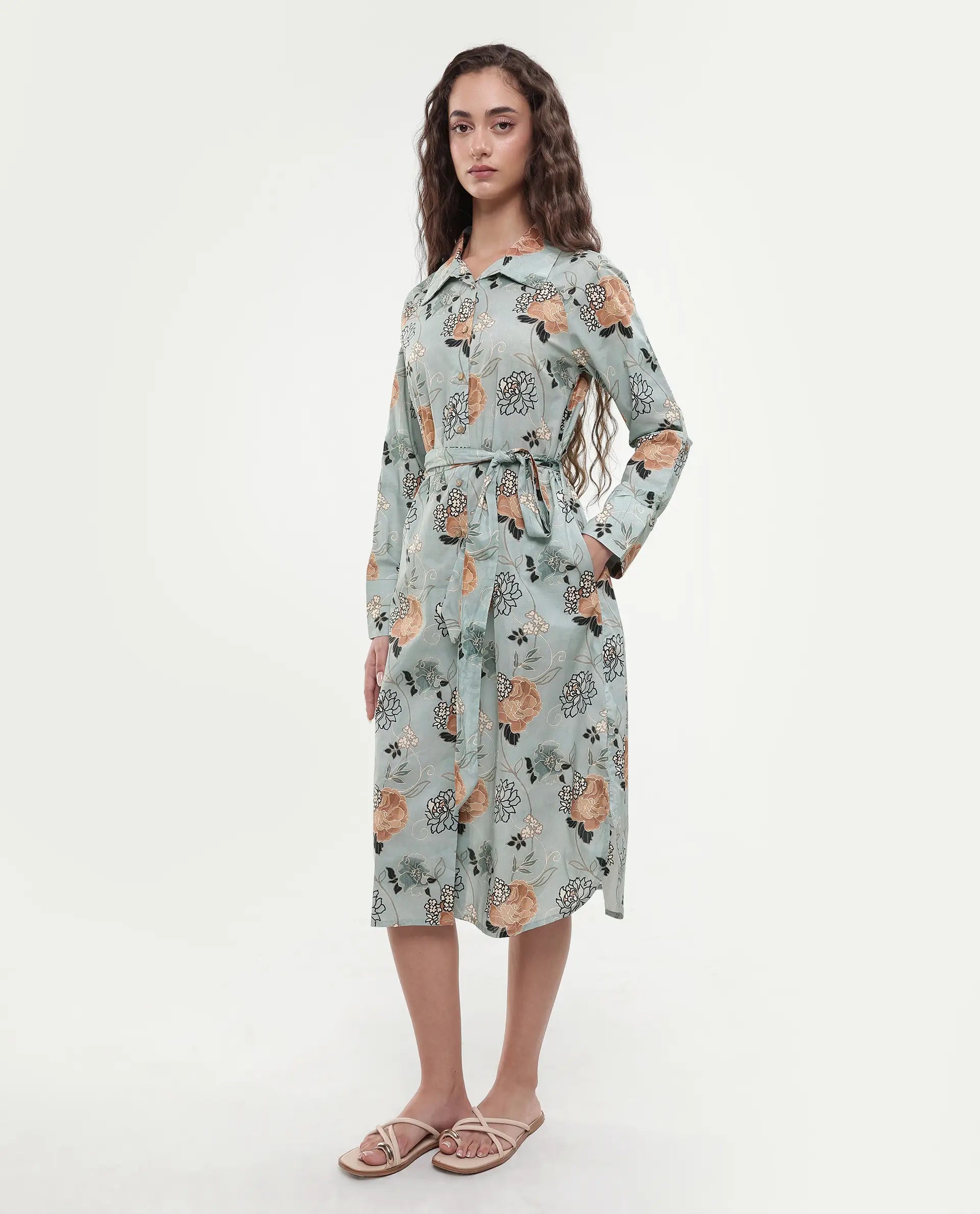 Rareism Women's Regnio Multi Cotton Drop Collar Floral Print Raglan Sleeve Midi A-Line Dress