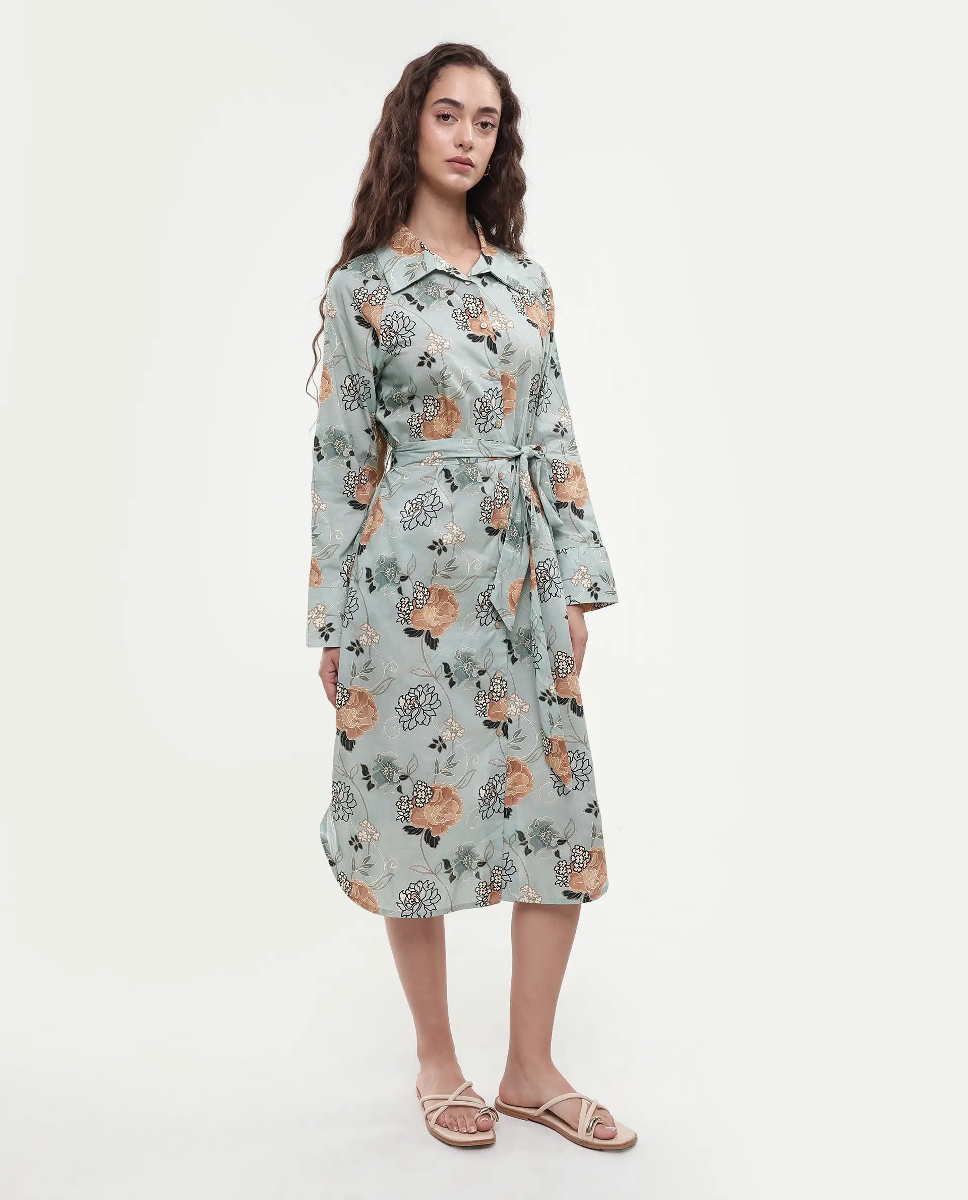 Rareism Women's Regnio Multi Cotton Drop Collar Floral Print Raglan Sleeve Midi A-Line Dress