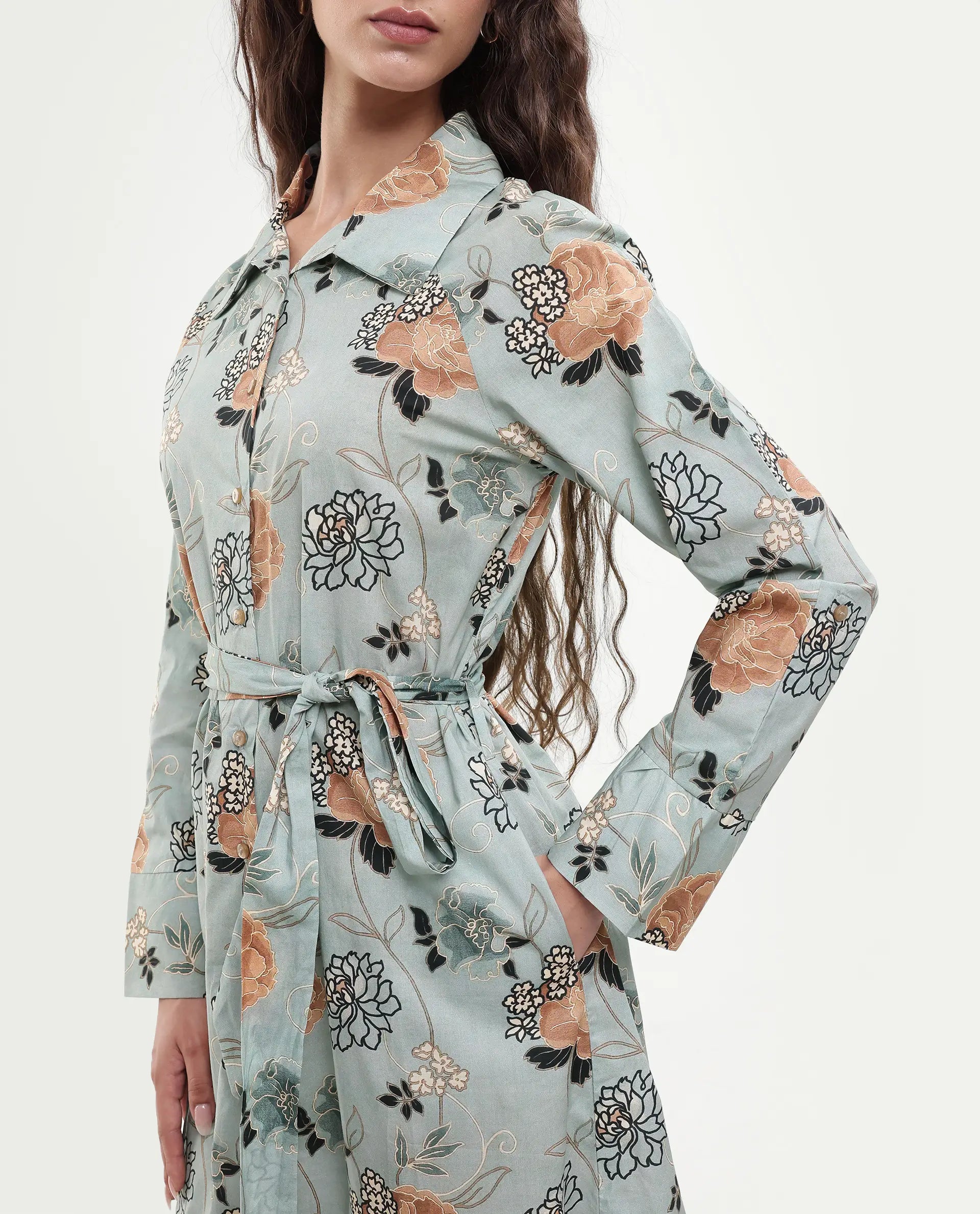 Rareism Women's Regnio Multi Cotton Drop Collar Floral Print Raglan Sleeve Midi A-Line Dress