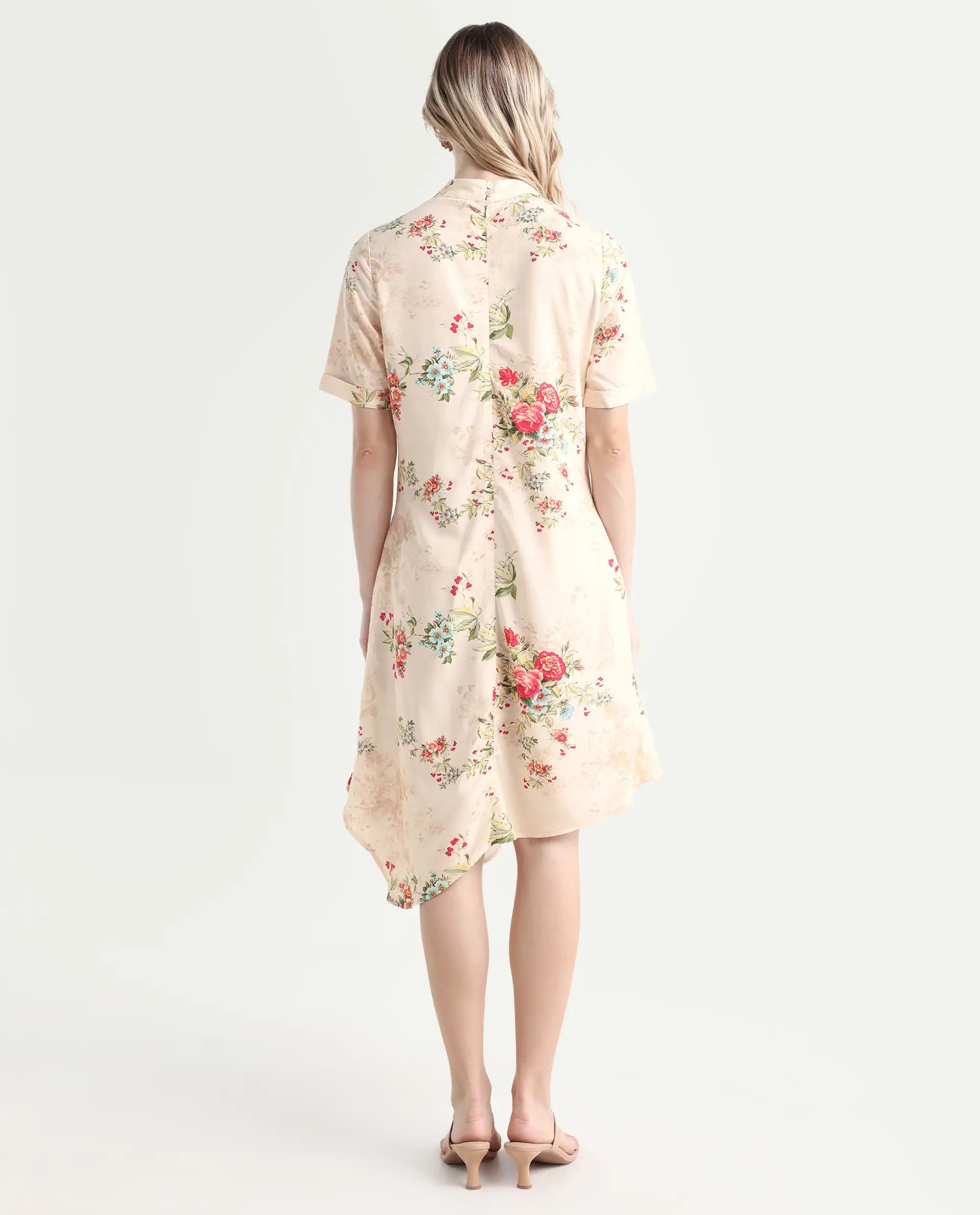 Rareism Women's Kellogs Light Multi Viscose High Neck Floral Print Knee Length Regular Fit Dress