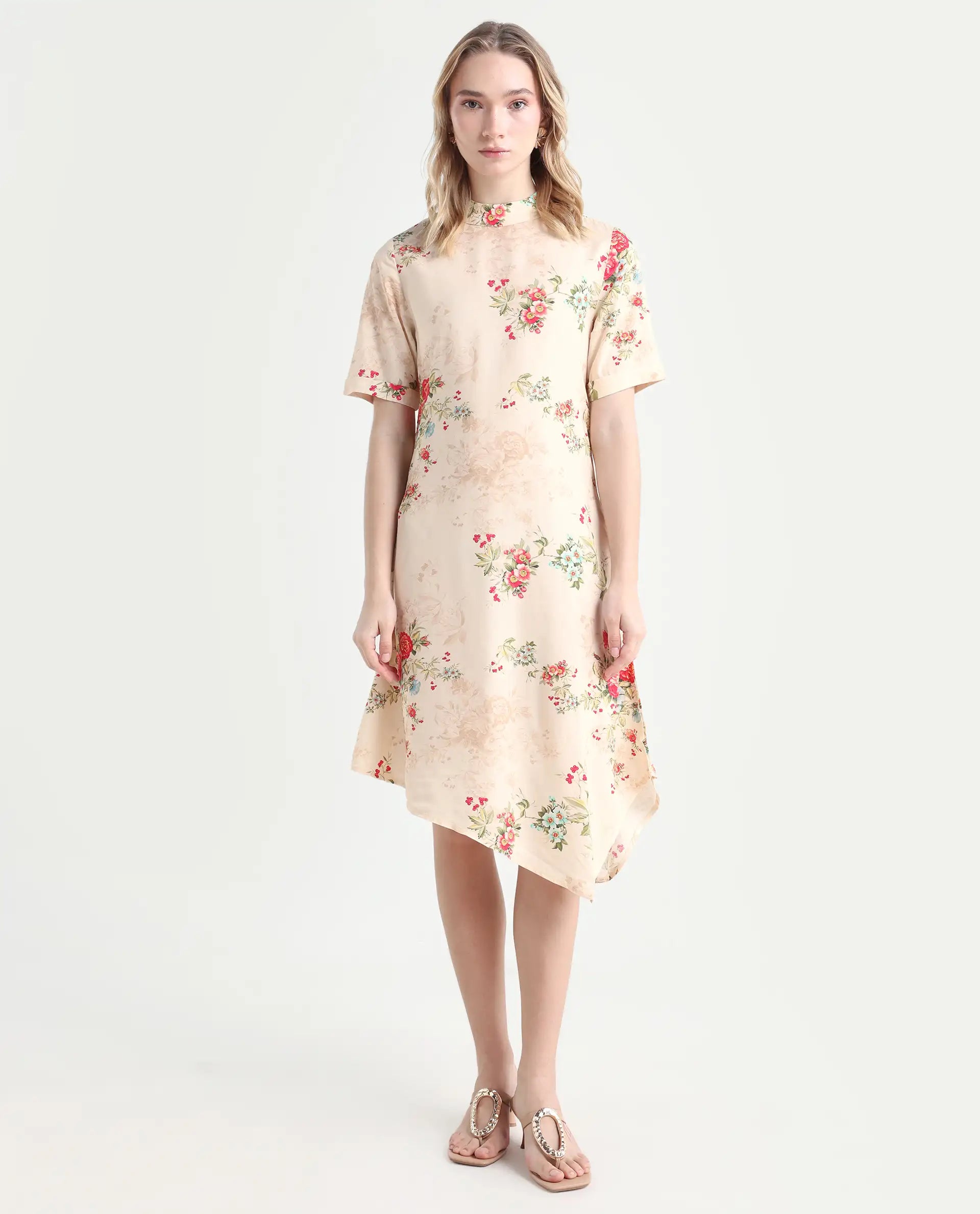 Rareism Women's Kellogs Light Multi Viscose High Neck Floral Print Knee Length Regular Fit Dress