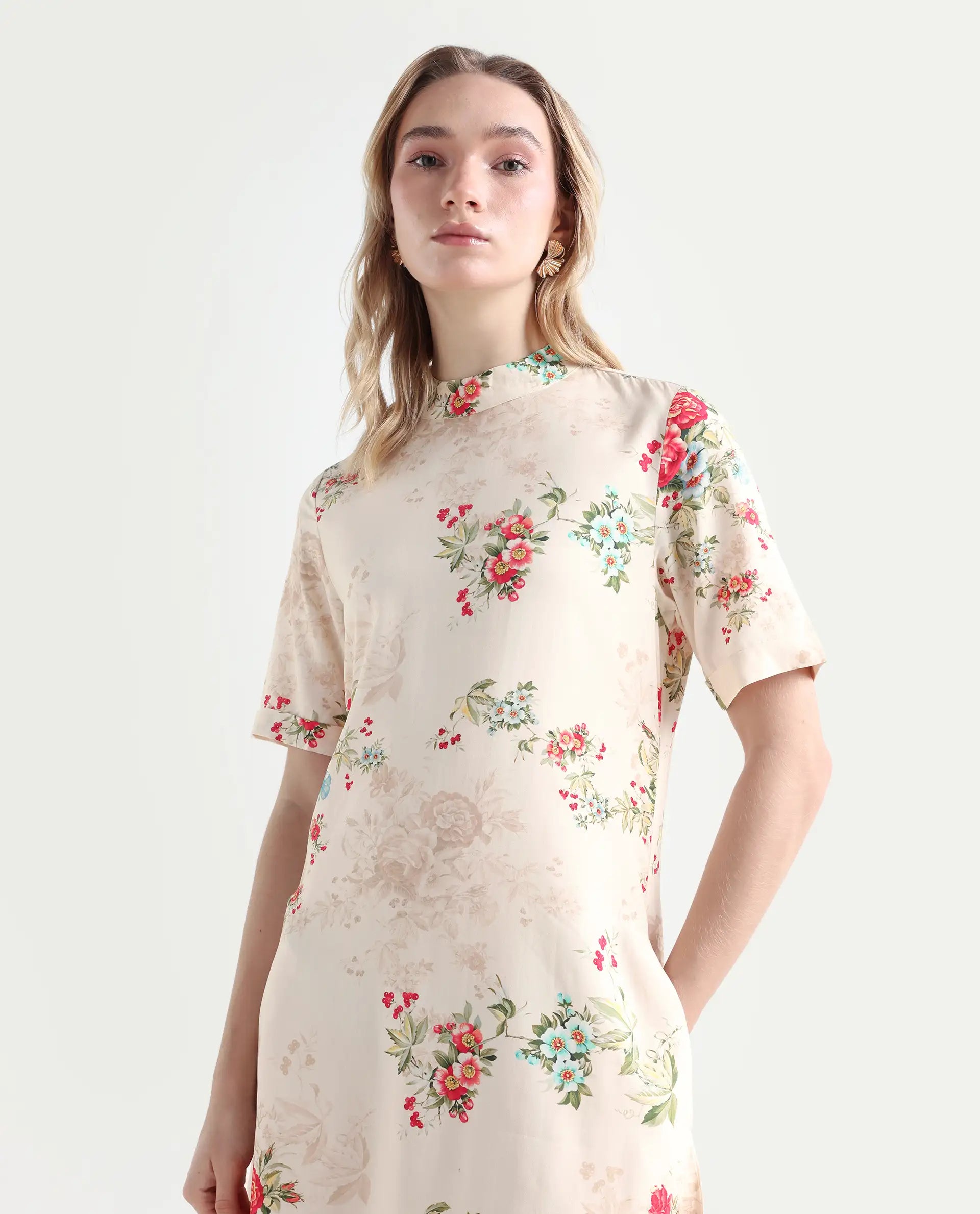 Rareism Women's Kellogs Light Multi Viscose High Neck Floral Print Knee Length Regular Fit Dress