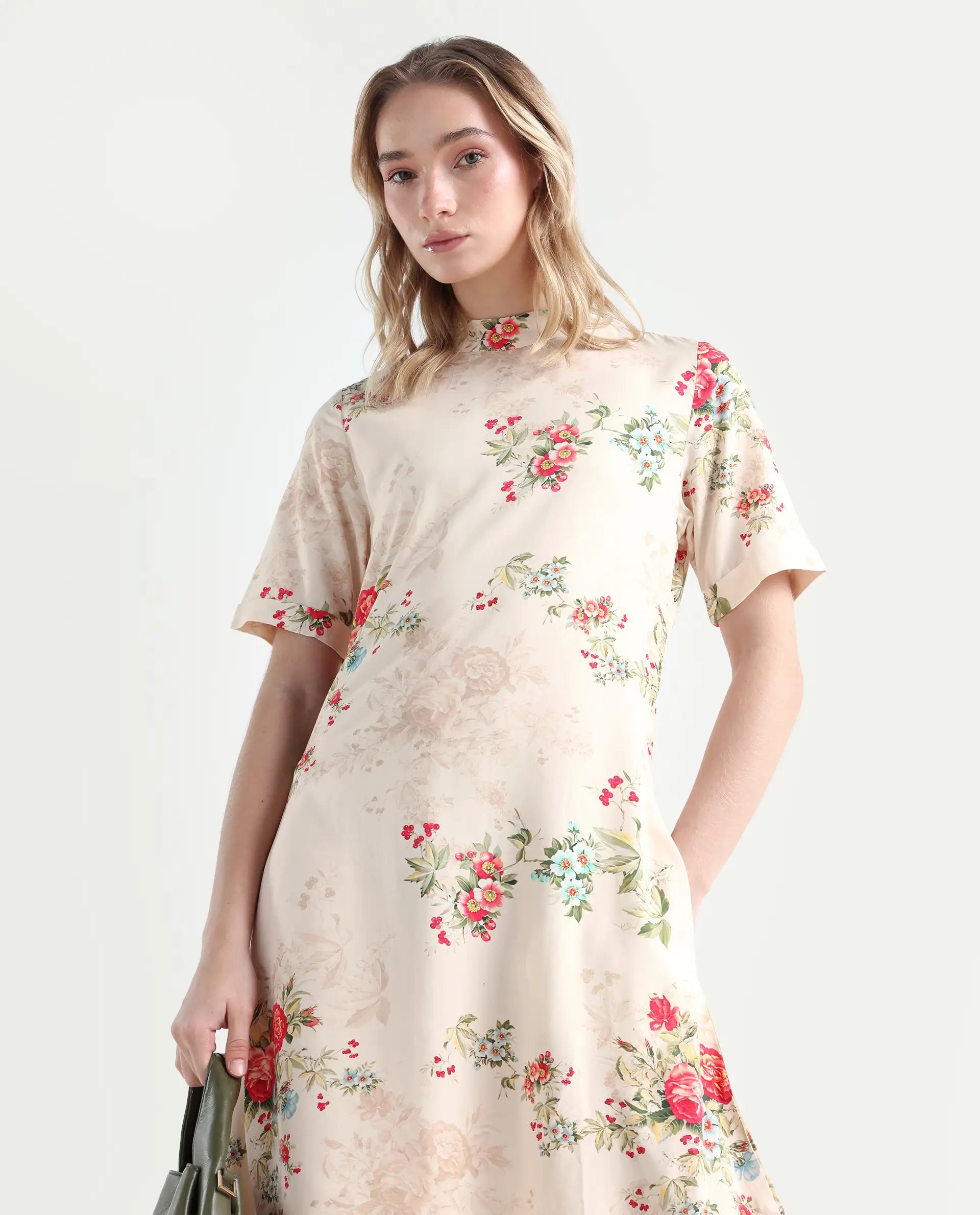 Rareism Women's Kellogs Light Multi Viscose High Neck Floral Print Knee Length Regular Fit Dress