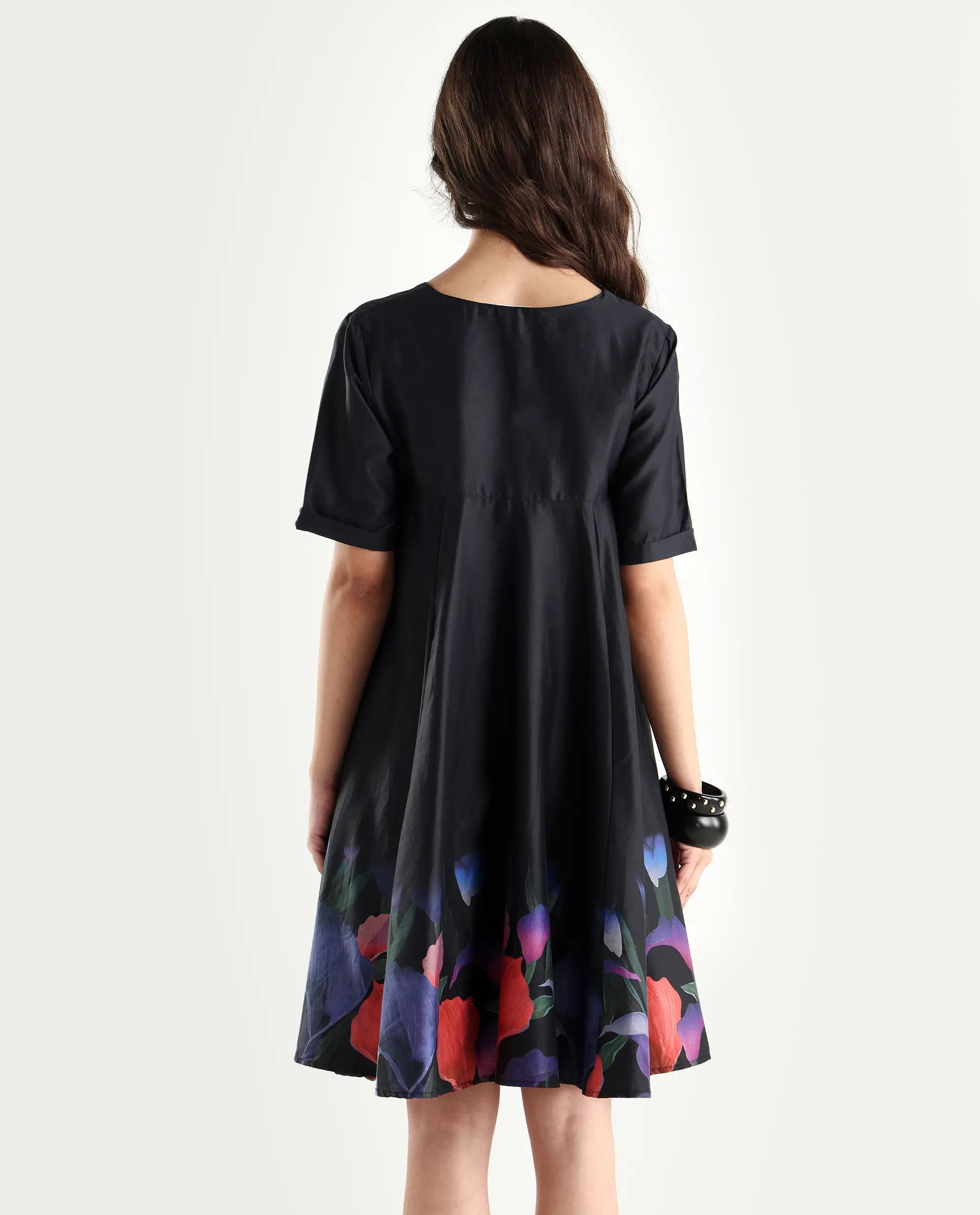 Rareism Women's Zapon Black Cotton Blend Crew Neck Floral Print Knee Length Fit And Flare Dress
