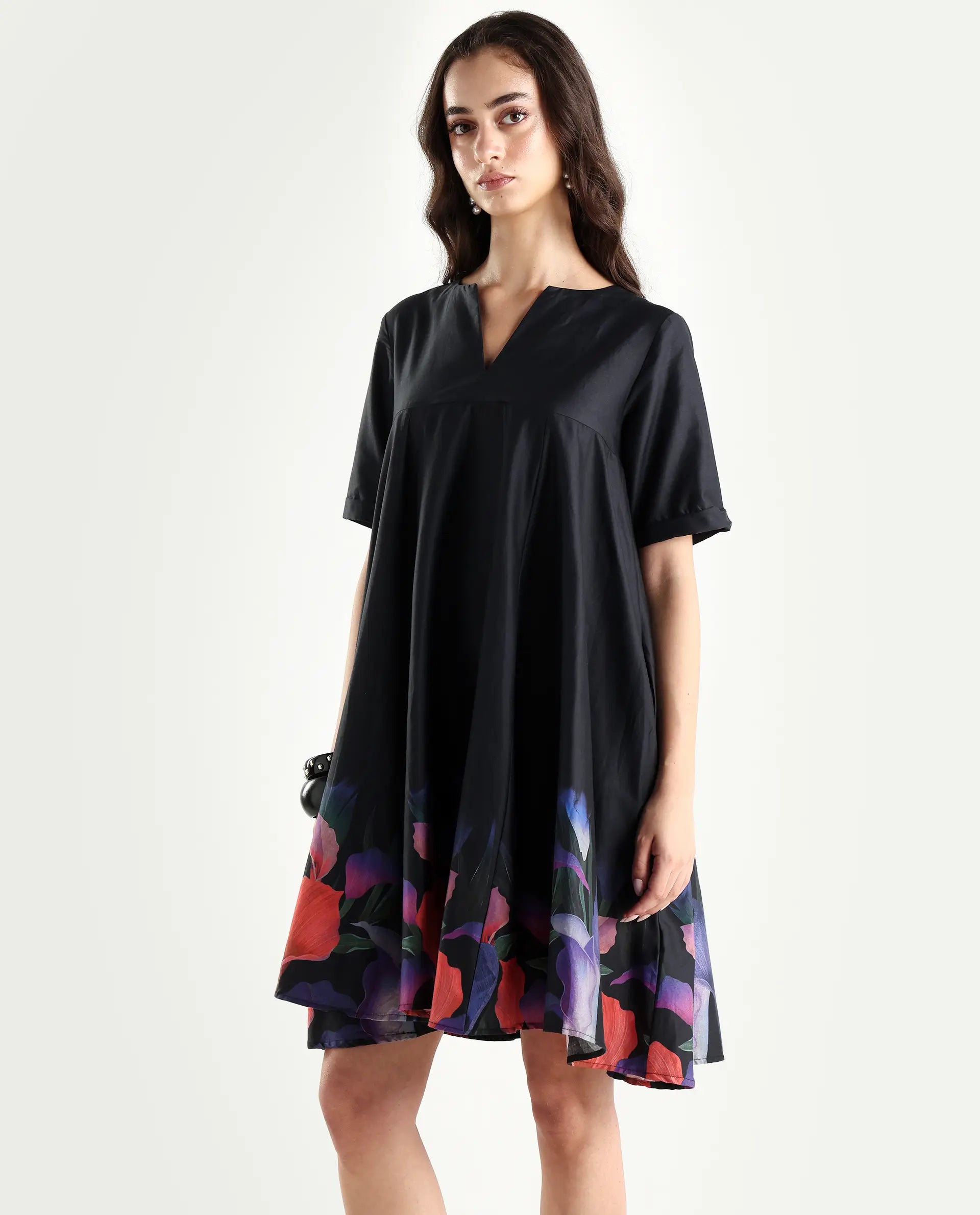 Rareism Women's Zapon Black Cotton Blend Crew Neck Floral Print Knee Length Fit And Flare Dress