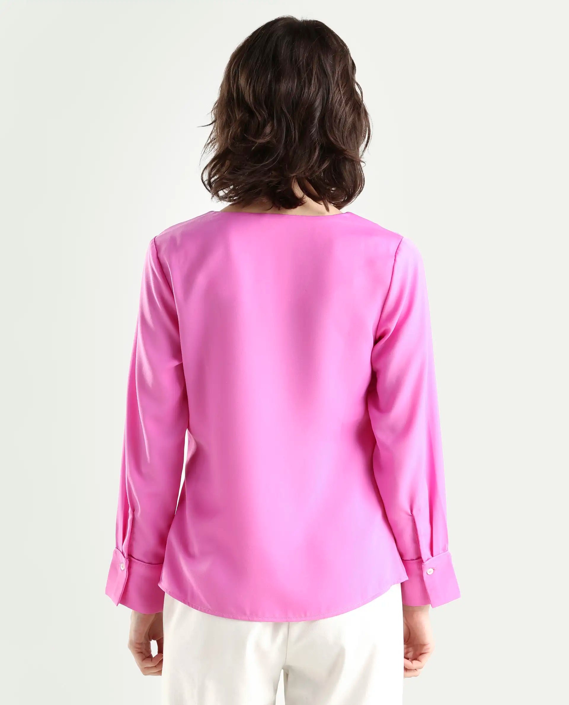 Rareism Women's Shami Pink Polyester V-Neck Plain Cuffed Sleeve Regular Fit Top