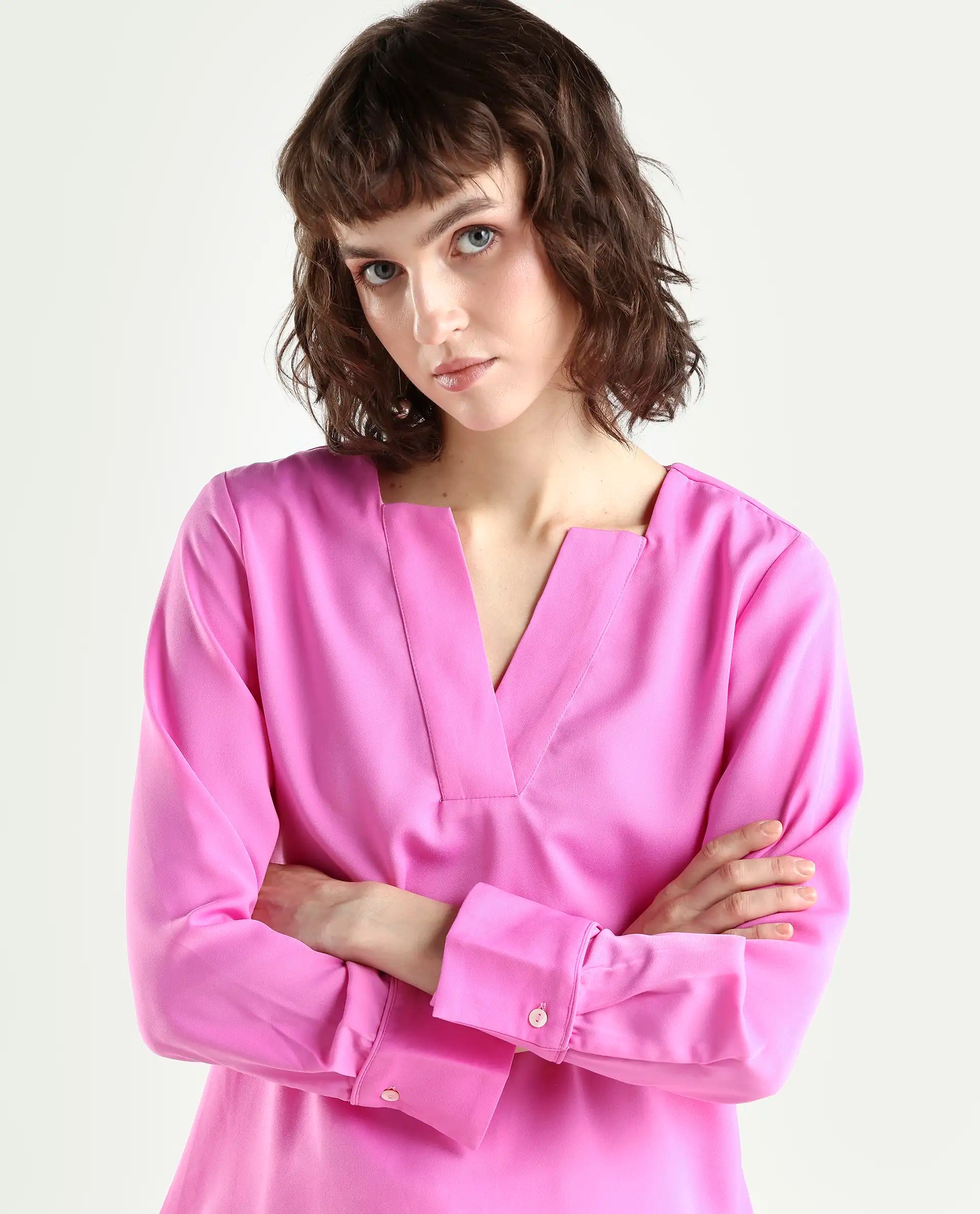 Rareism Women's Shami Pink Polyester V-Neck Plain Cuffed Sleeve Regular Fit Top
