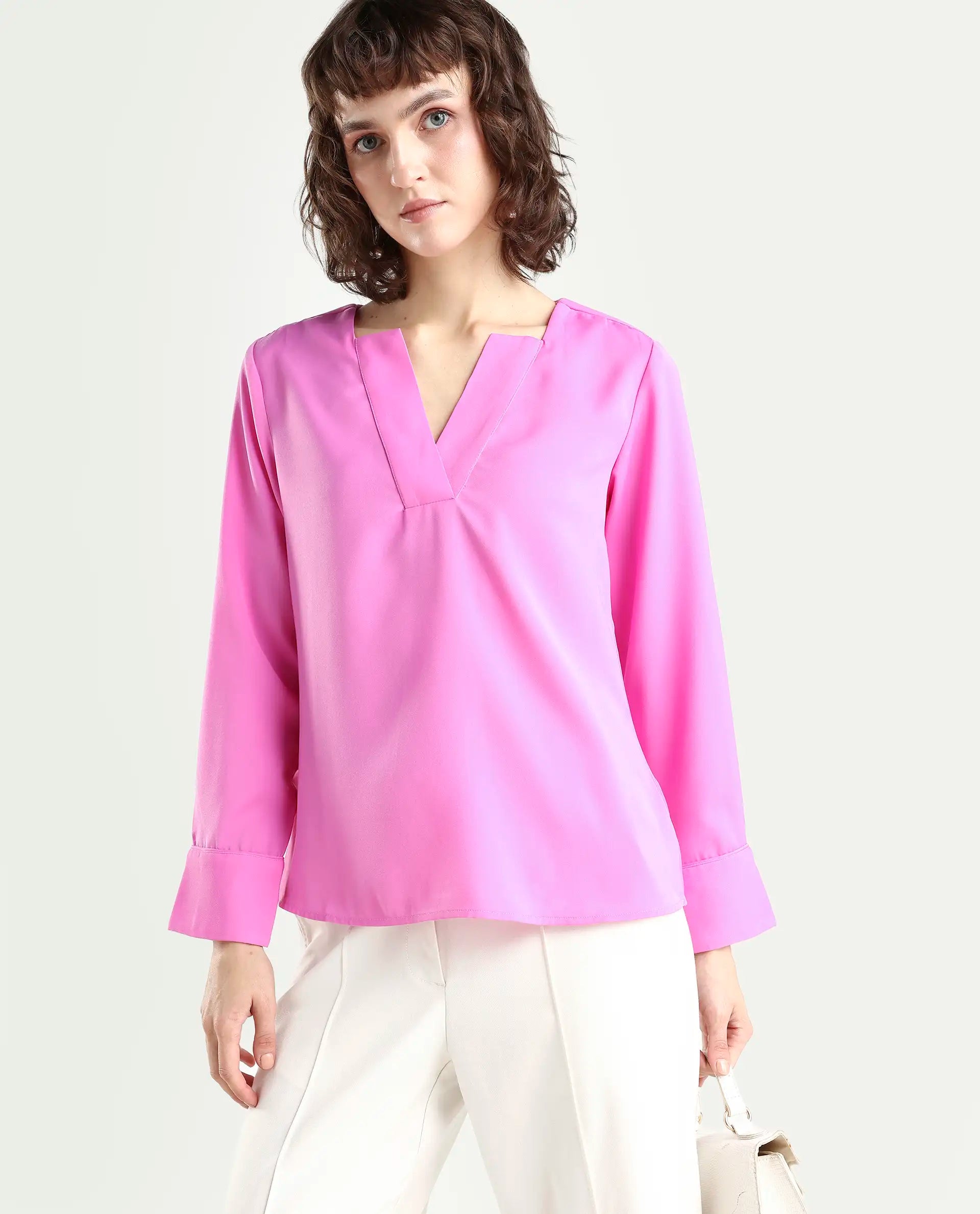 Rareism Women's Shami Pink Polyester V-Neck Plain Cuffed Sleeve Regular Fit Top