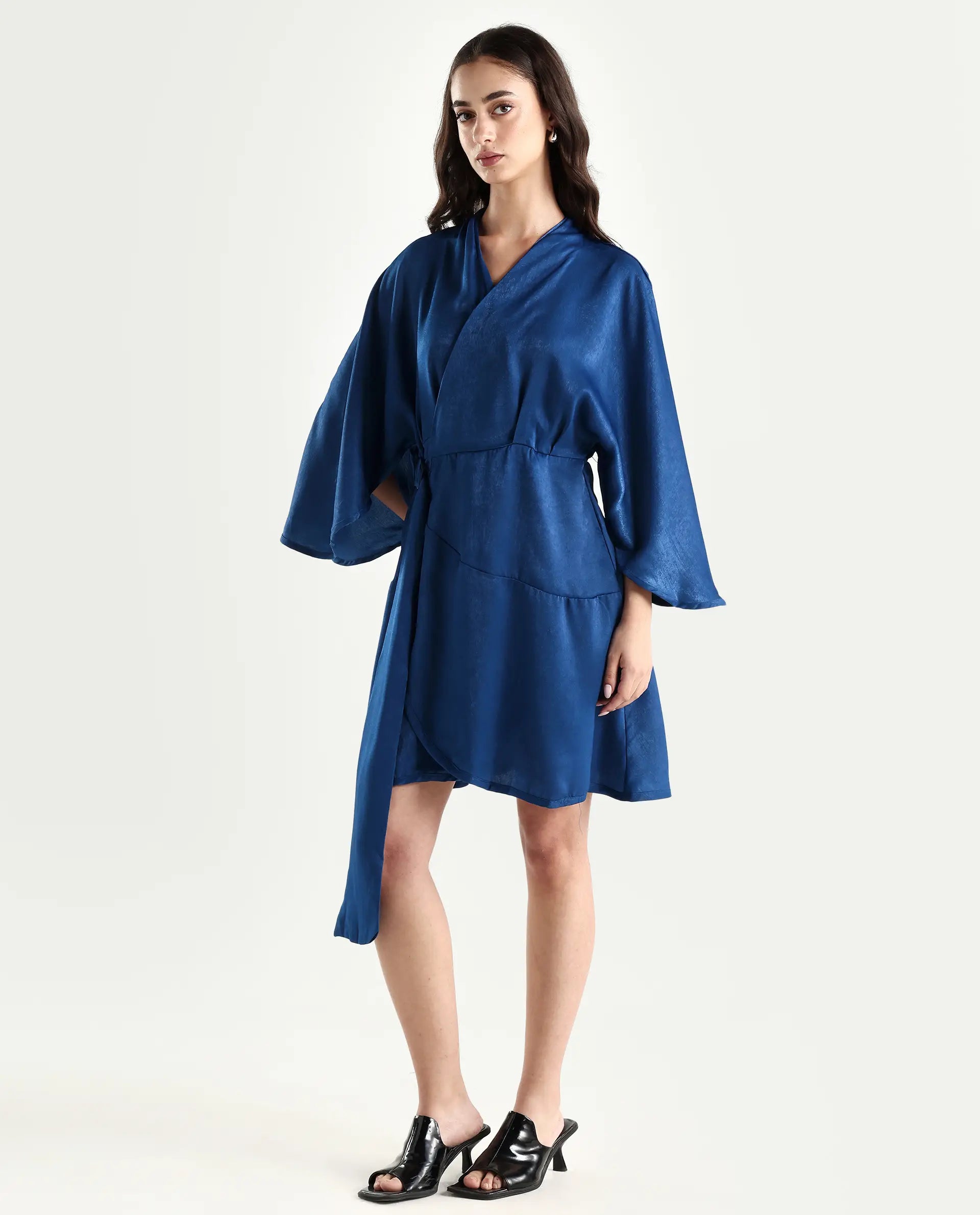 Rareism Women's Alapeno Blue Polyester Overlap Neck Plain Bell Sleeve Mini Fit And Flare Dress