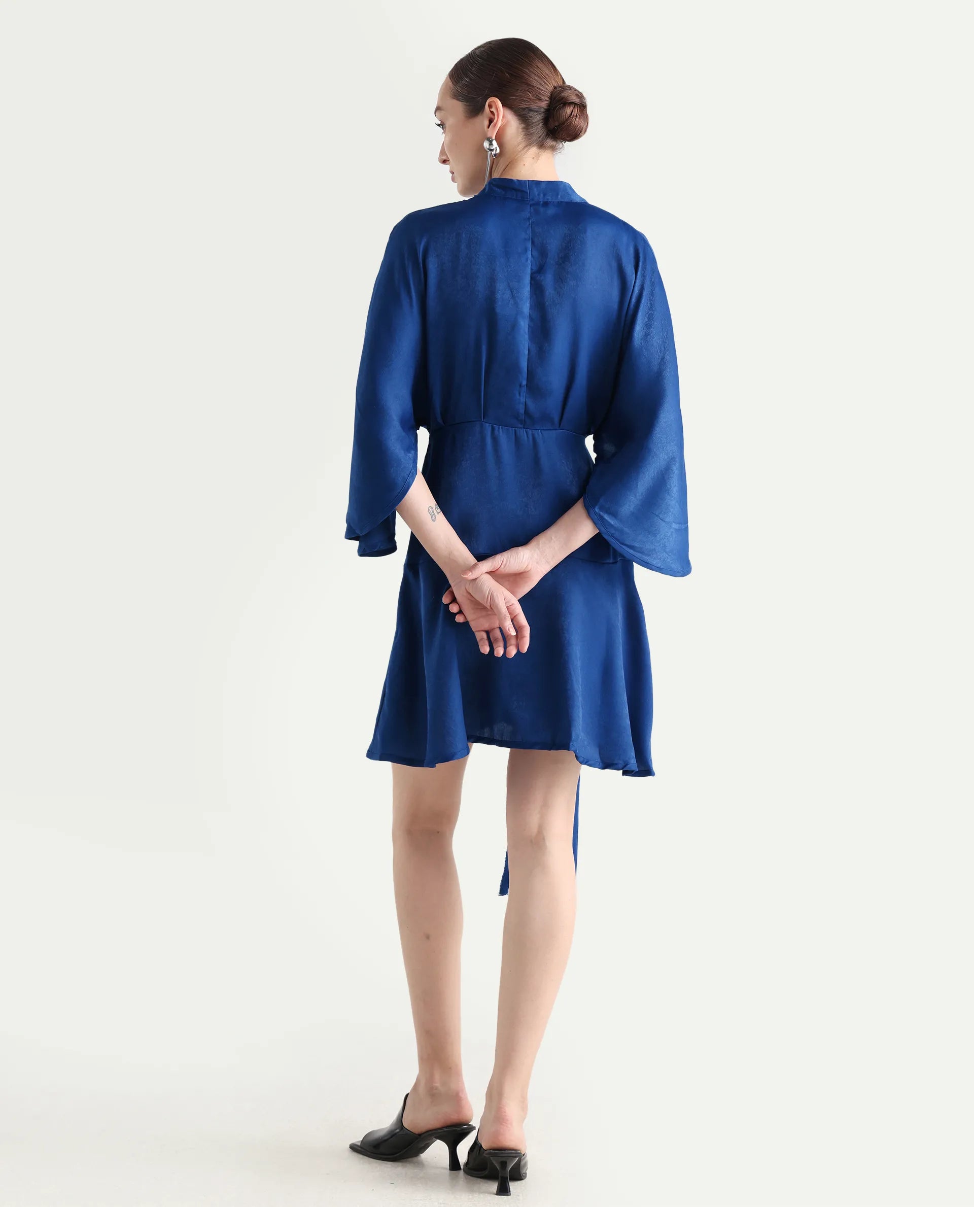 Rareism Women's Alapeno Blue Polyester Overlap Neck Plain Bell Sleeve Mini Fit And Flare Dress