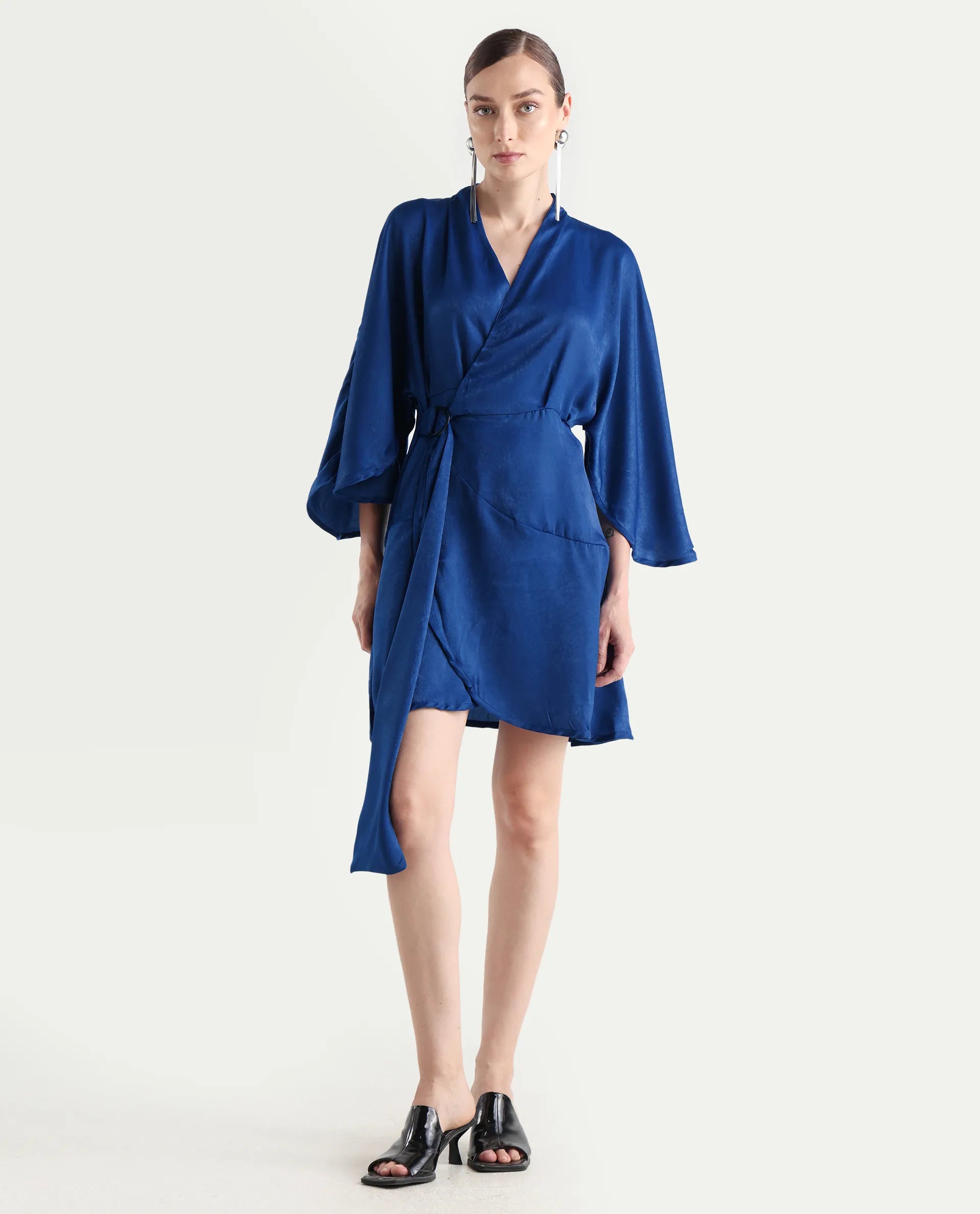 Rareism Women's Alapeno Blue Polyester Overlap Neck Plain Bell Sleeve Mini Fit And Flare Dress