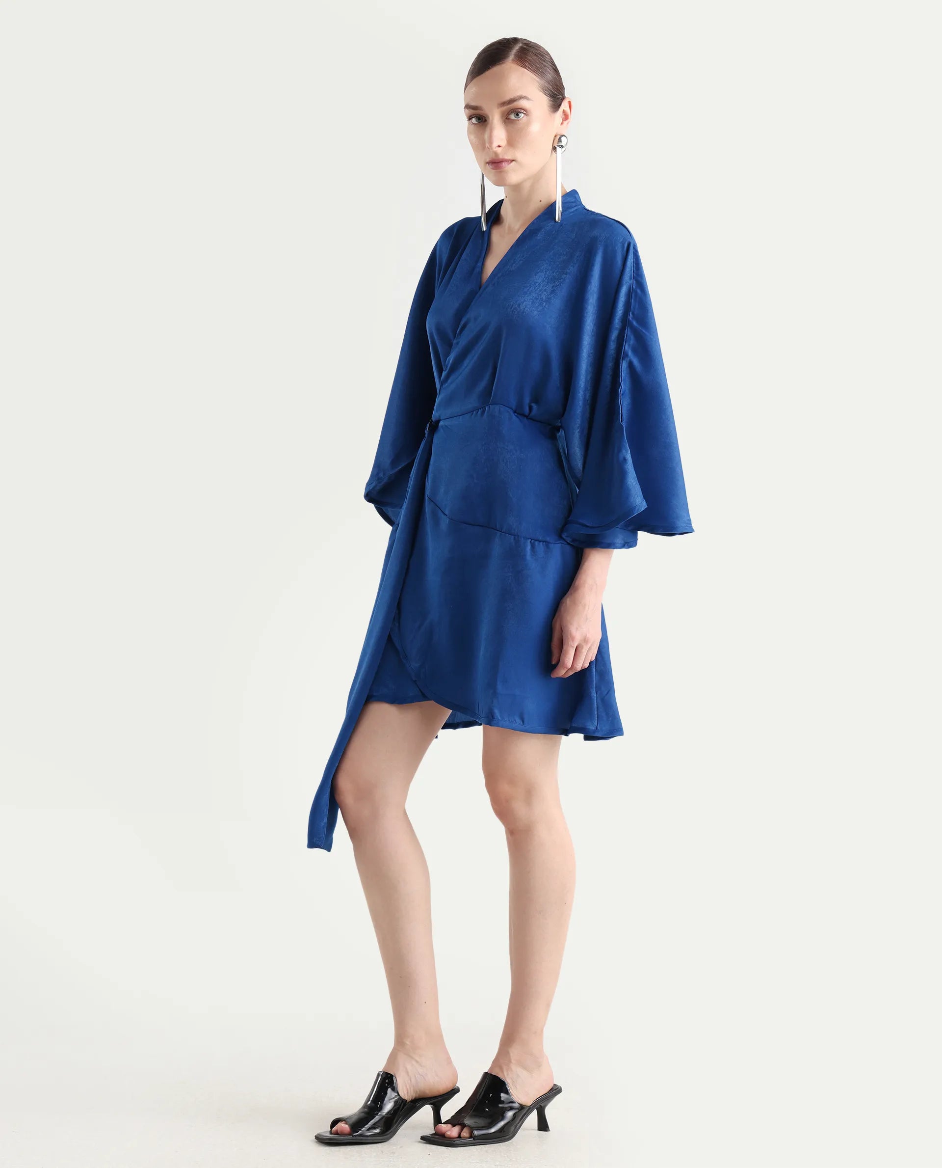 Rareism Women's Alapeno Blue Polyester Overlap Neck Plain Bell Sleeve Mini Fit And Flare Dress