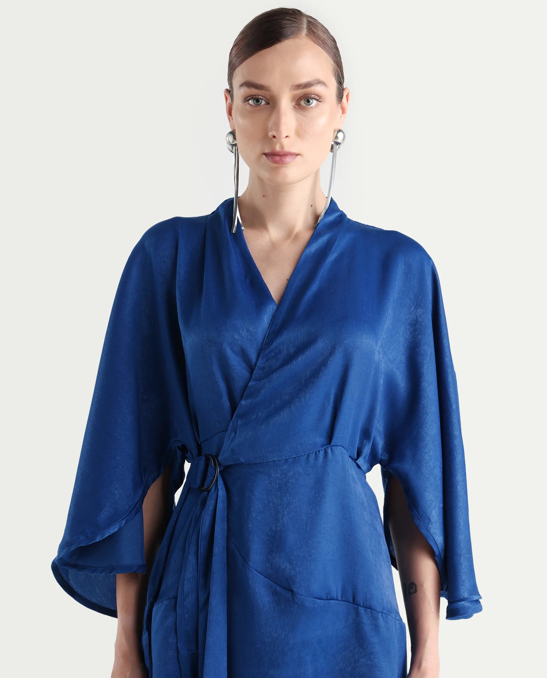 Rareism Women's Alapeno Blue Polyester Overlap Neck Plain Bell Sleeve Mini Fit And Flare Dress