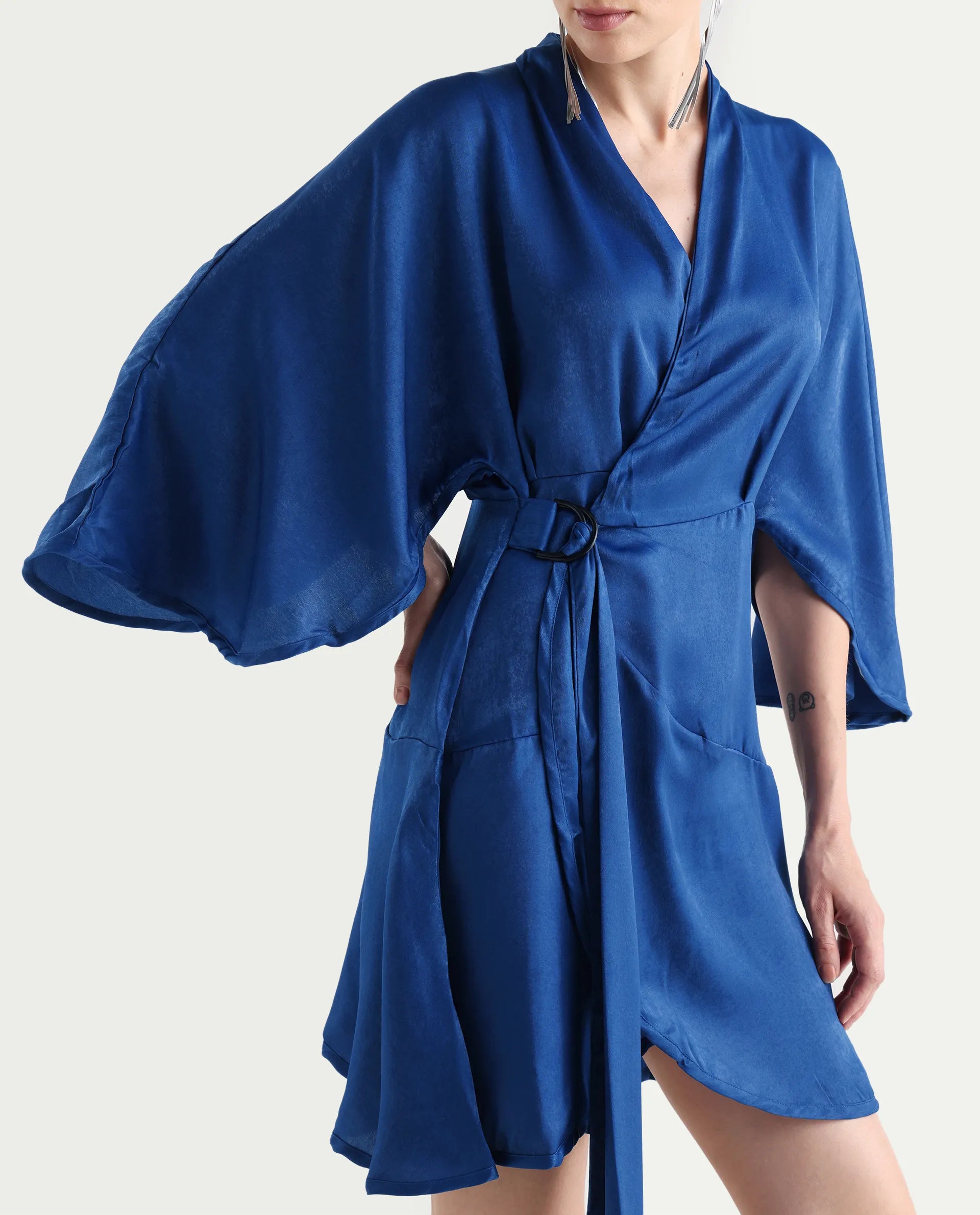 Rareism Women's Alapeno Blue Polyester Overlap Neck Plain Bell Sleeve Mini Fit And Flare Dress