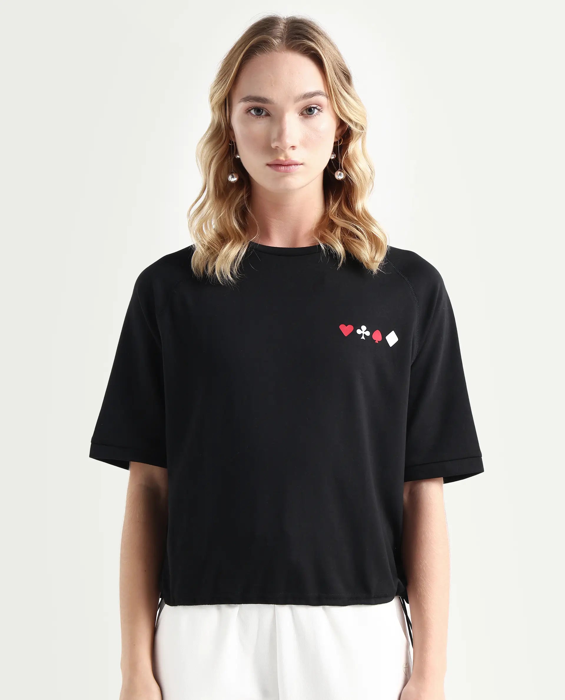 Rareism Women's Berly Black Cotton Blend Crew Neck Graphic Print Relaxed Fit T-Shirt