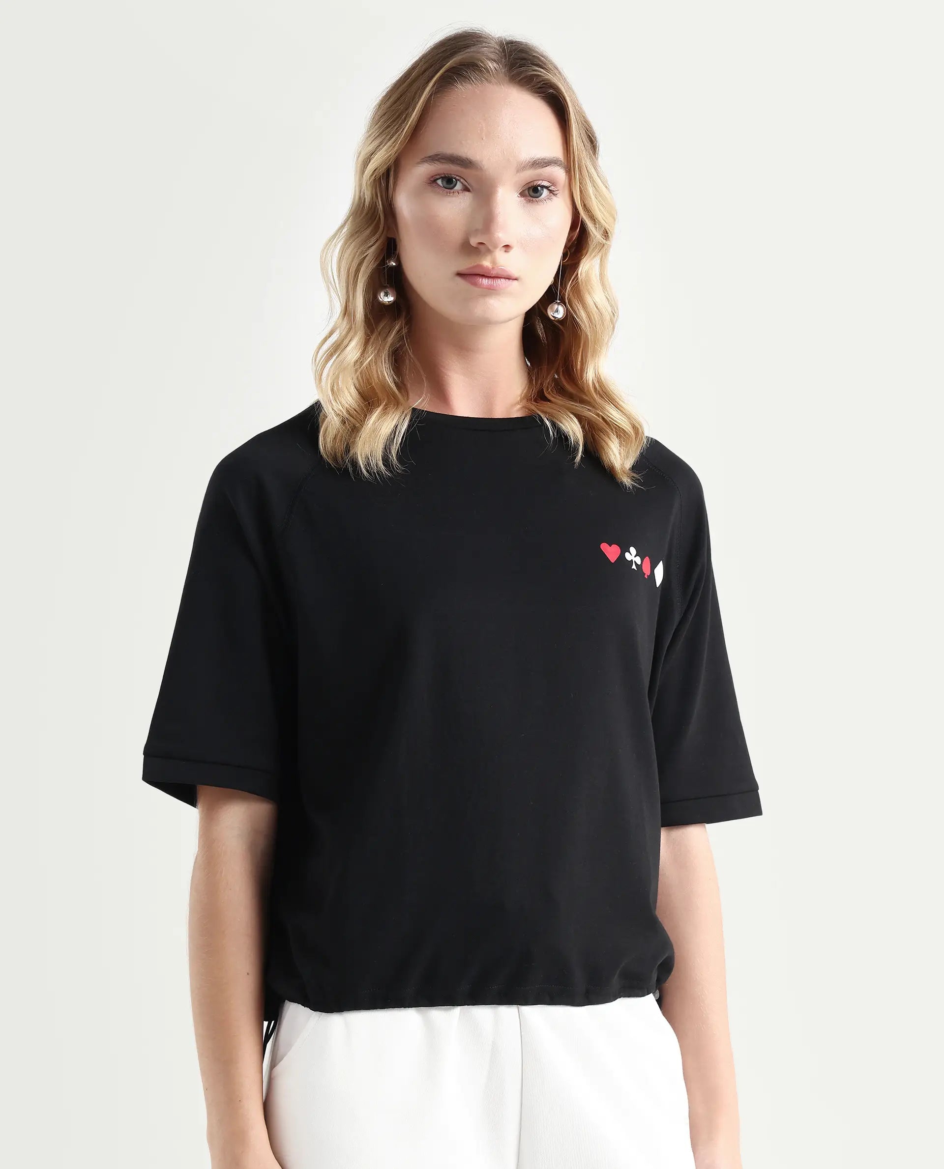 Rareism Women's Berly Black Cotton Blend Crew Neck Graphic Print Relaxed Fit T-Shirt