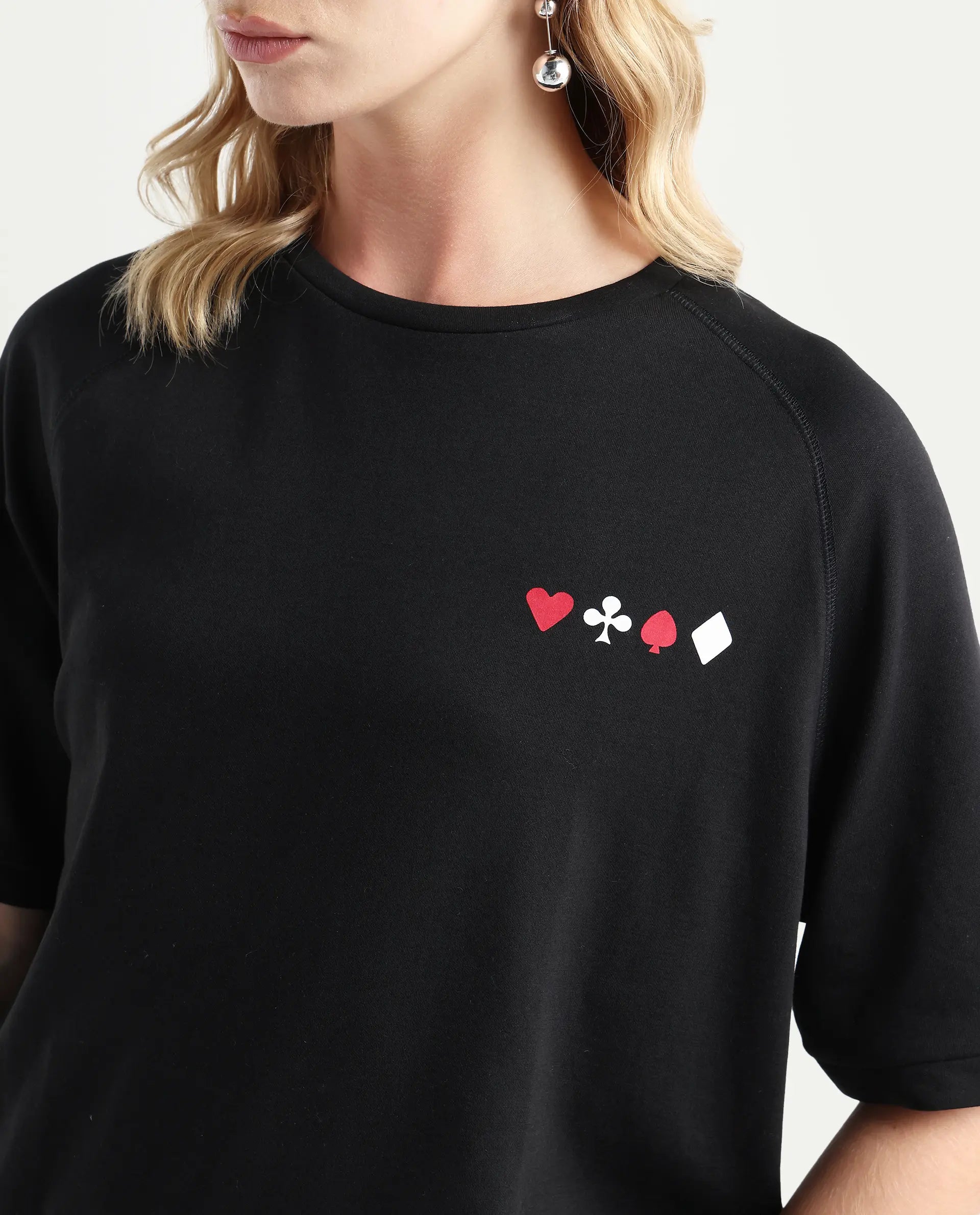 Rareism Women's Berly Black Cotton Blend Crew Neck Graphic Print Relaxed Fit T-Shirt