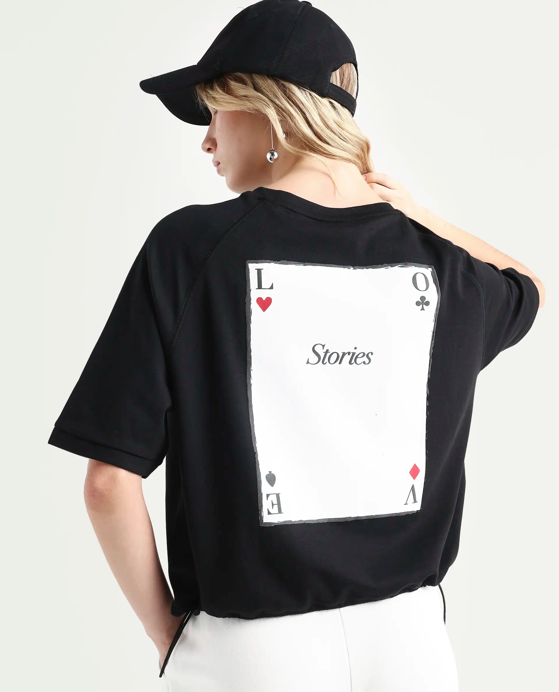 Rareism Women's Berly Black Cotton Blend Crew Neck Graphic Print Relaxed Fit T-Shirt