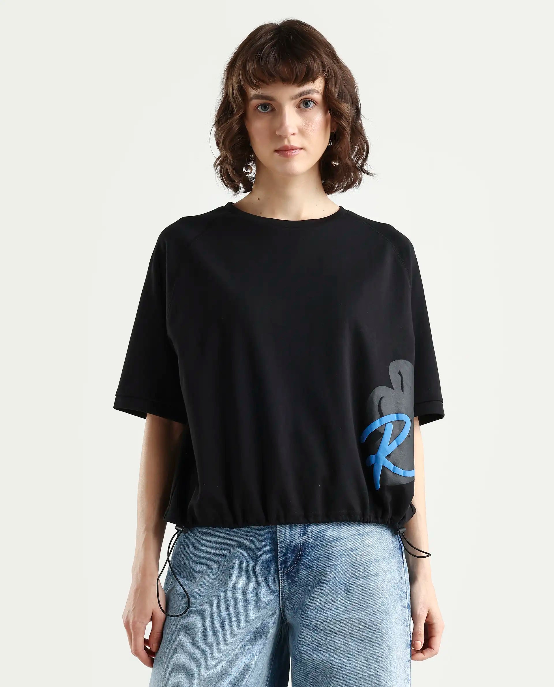 Rareism Women's Marco Black Cotton Blend Crew Neck Graphic Print Relaxed Fit T-Shirt