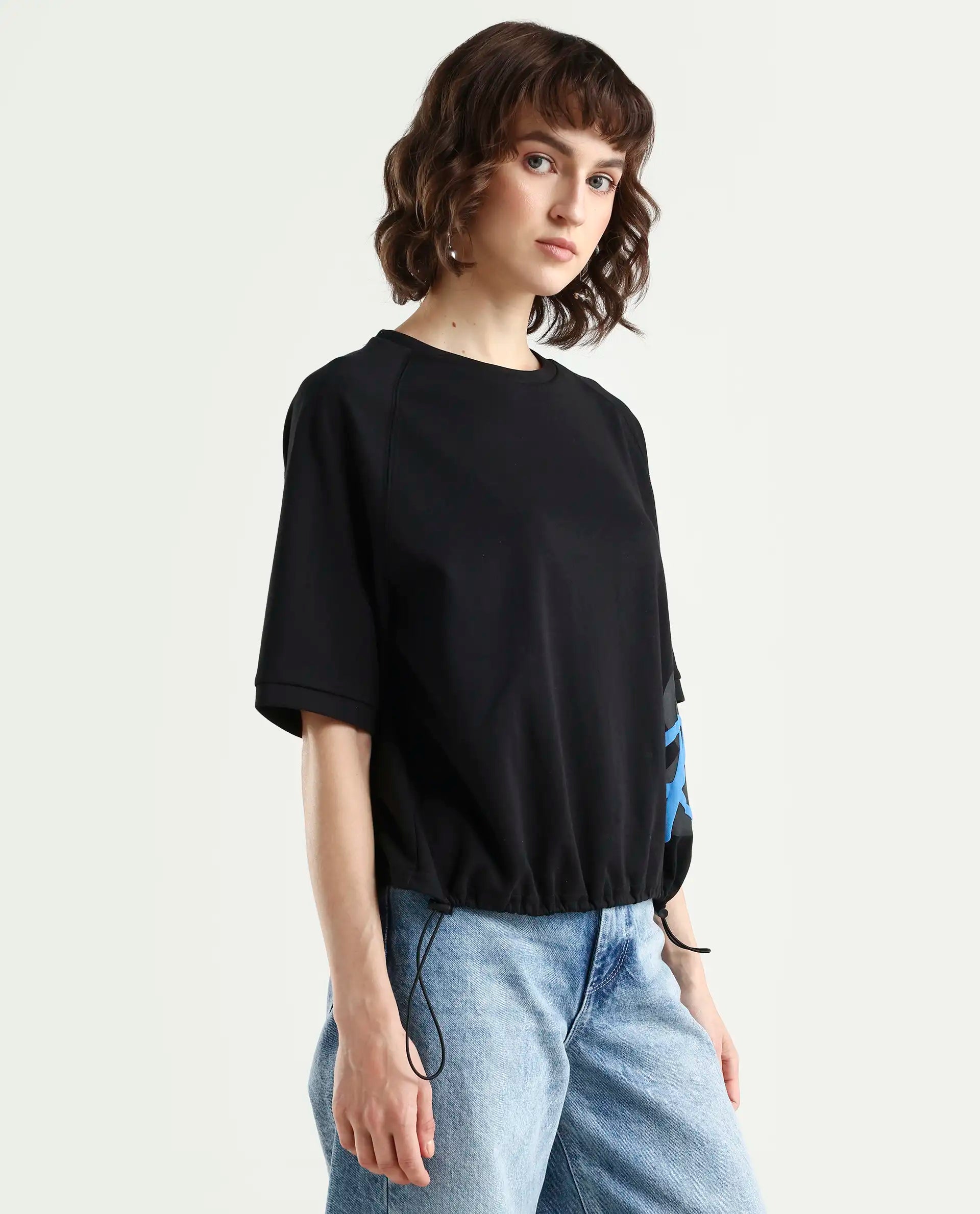 Rareism Women's Marco Black Cotton Blend Crew Neck Graphic Print Relaxed Fit T-Shirt