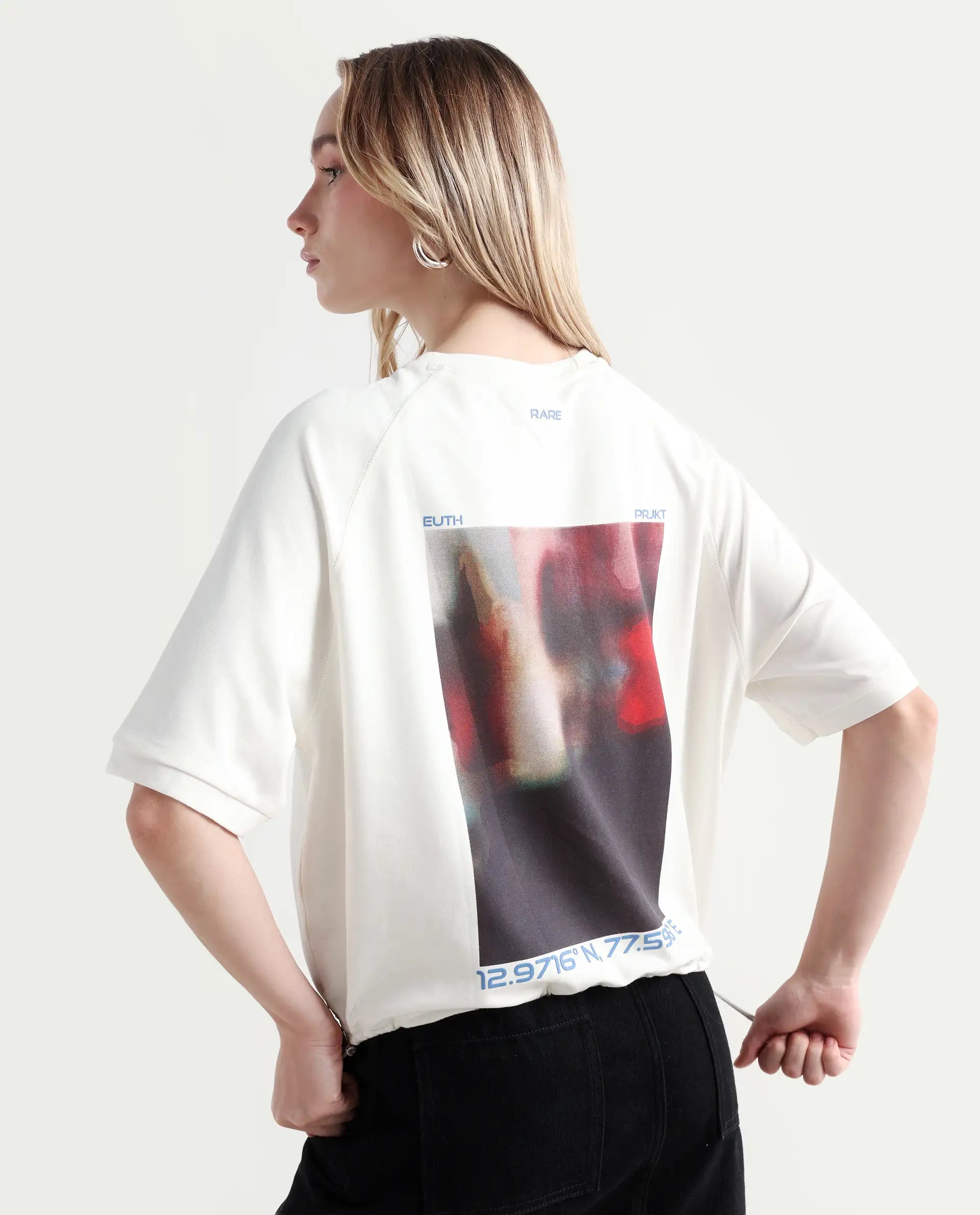 Rareism Women's Kay Off White Cotton Blend Crew Neck Graphic Print Relaxed Fit T-Shirt