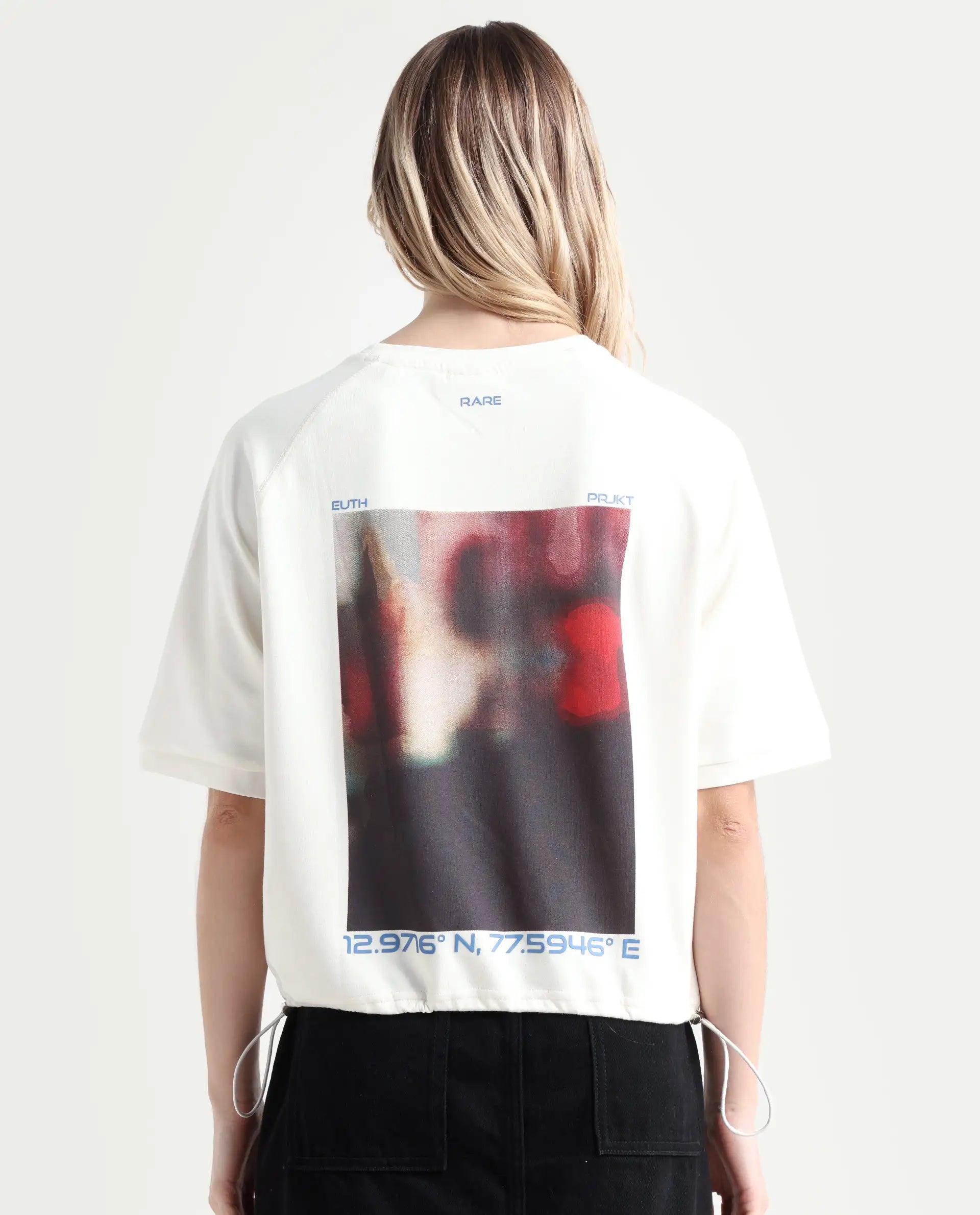 Rareism Women's Kay Off White Cotton Blend Crew Neck Graphic Print Relaxed Fit T-Shirt