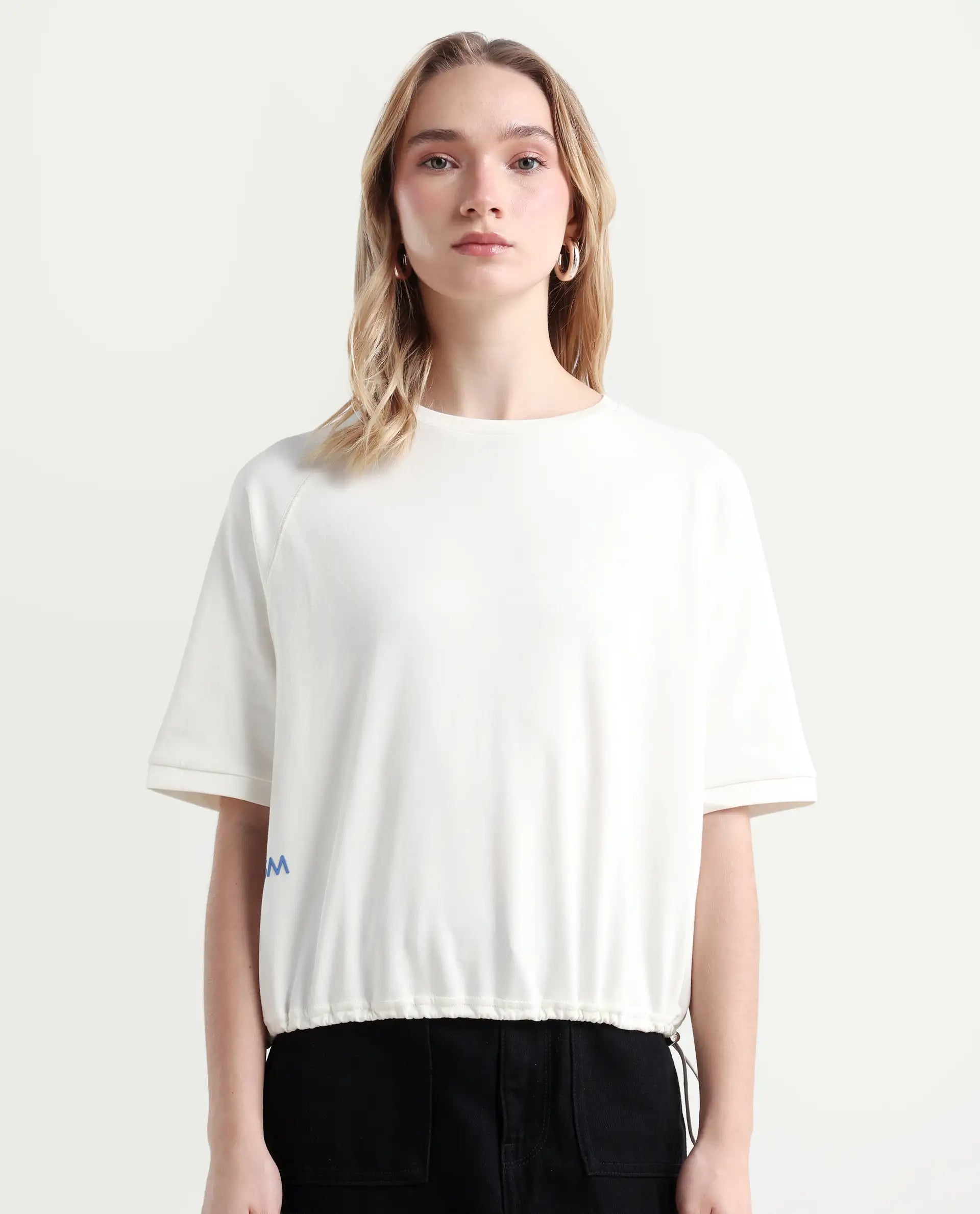 Rareism Women's Kay Off White Cotton Blend Crew Neck Graphic Print Relaxed Fit T-Shirt