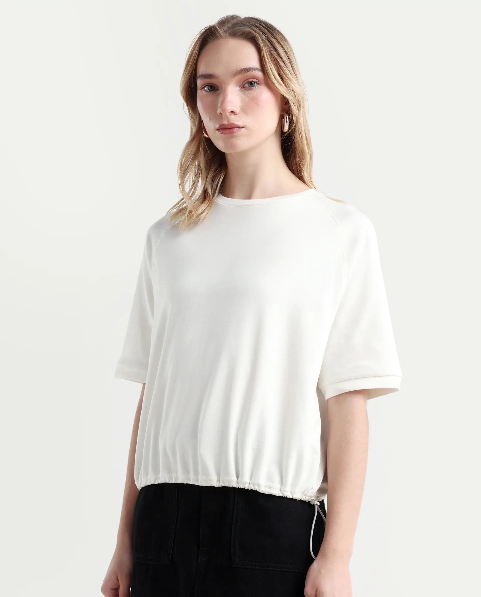 Rareism Women's Kay Off White Cotton Blend Crew Neck Graphic Print Relaxed Fit T-Shirt