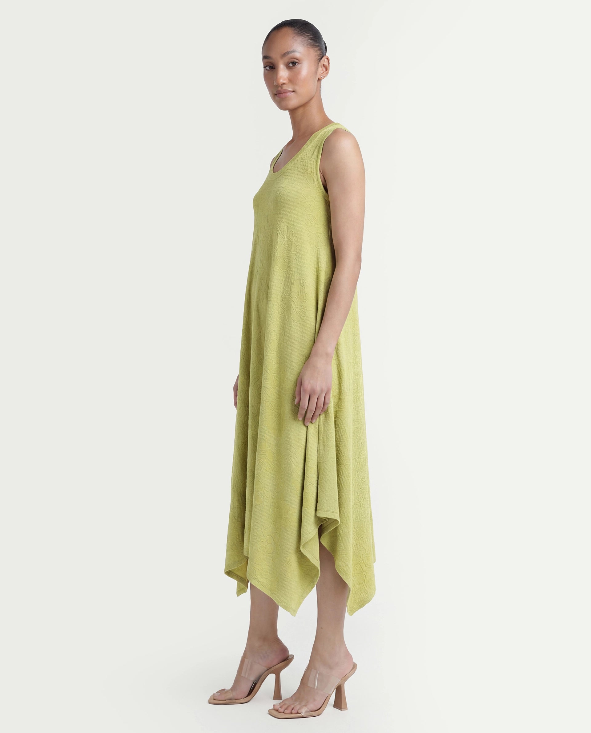 Rareism Women's Kisame Light Green Knit Jacquard Crew Neck Plain Sleeveless Midi Flared Dress