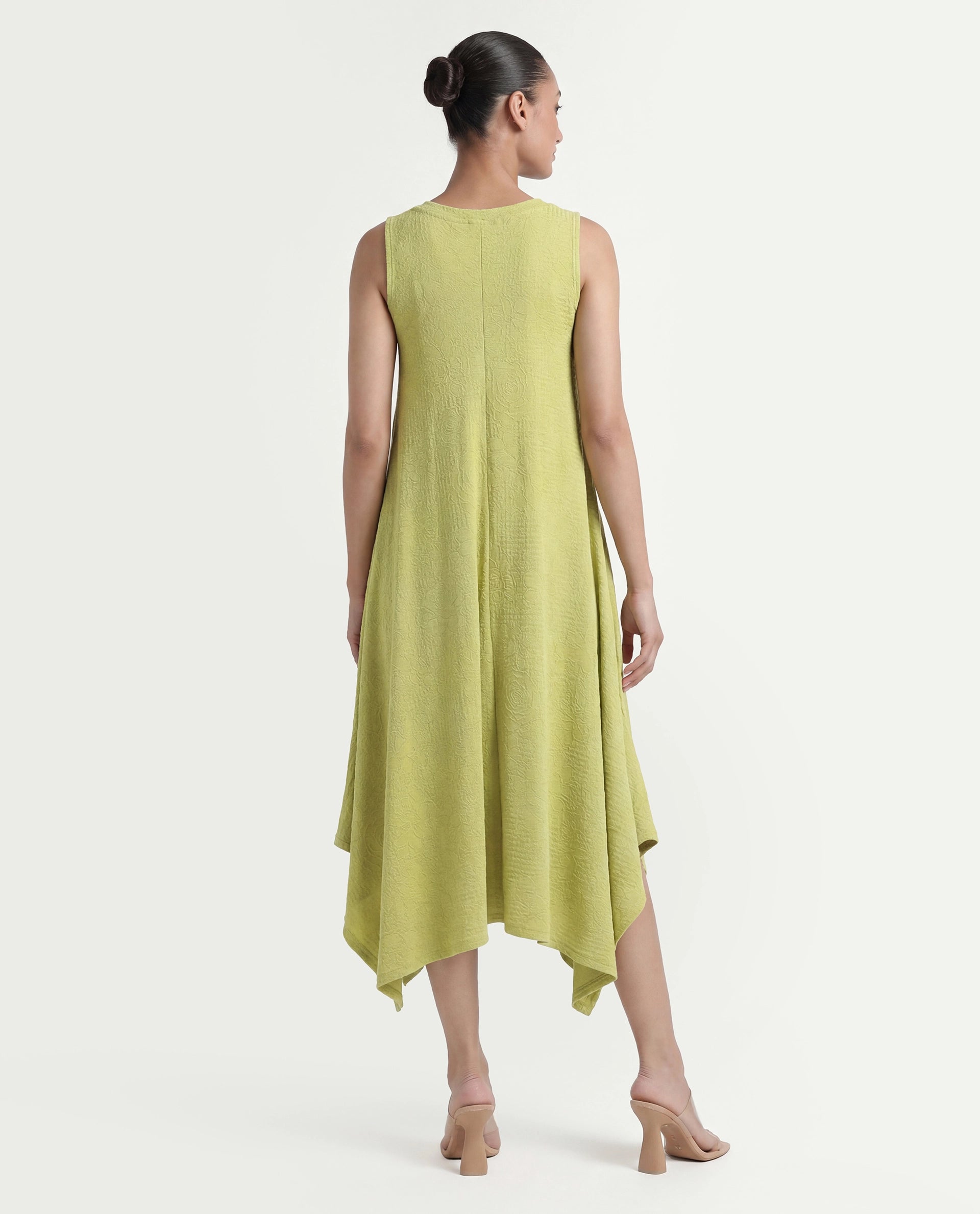 Rareism Women's Kisame Light Green Knit Jacquard Crew Neck Plain Sleeveless Midi Flared Dress