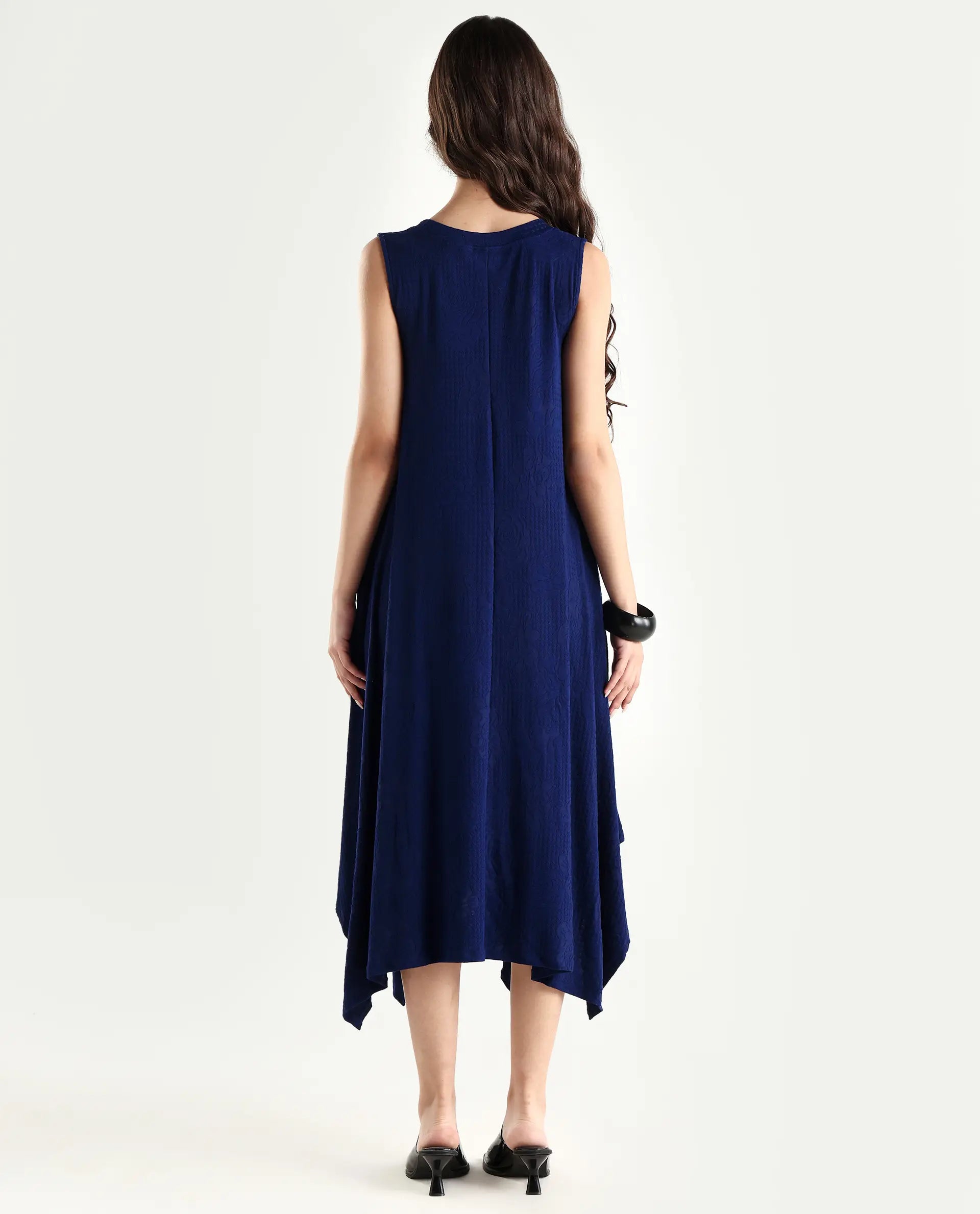 Rareism Women's Kisame Dark Blue Knit Jacquard Crew Neck Plain Sleeveless Midi Flared Dress